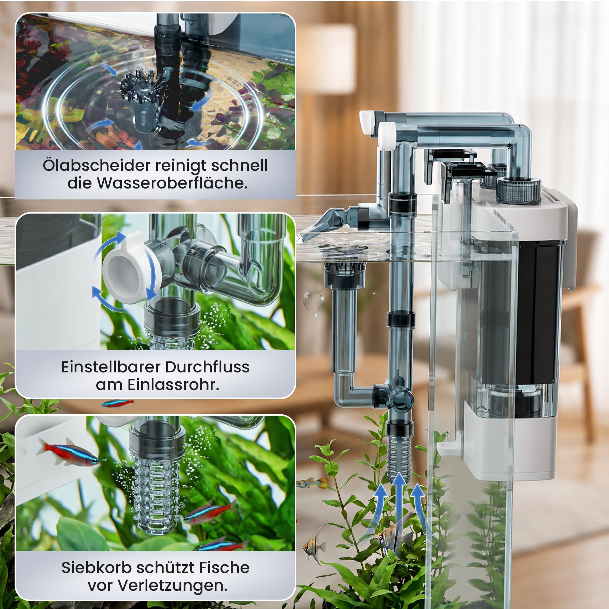 Filtre D’Aquarium Suspendu 500 L/H pour Aquariums De 38 à 76 litres | Filtre D’aquarium à Débit Réglable Avec Skimmer De Surface, Filtration En 3 étapes, Système Anti-Colmatage