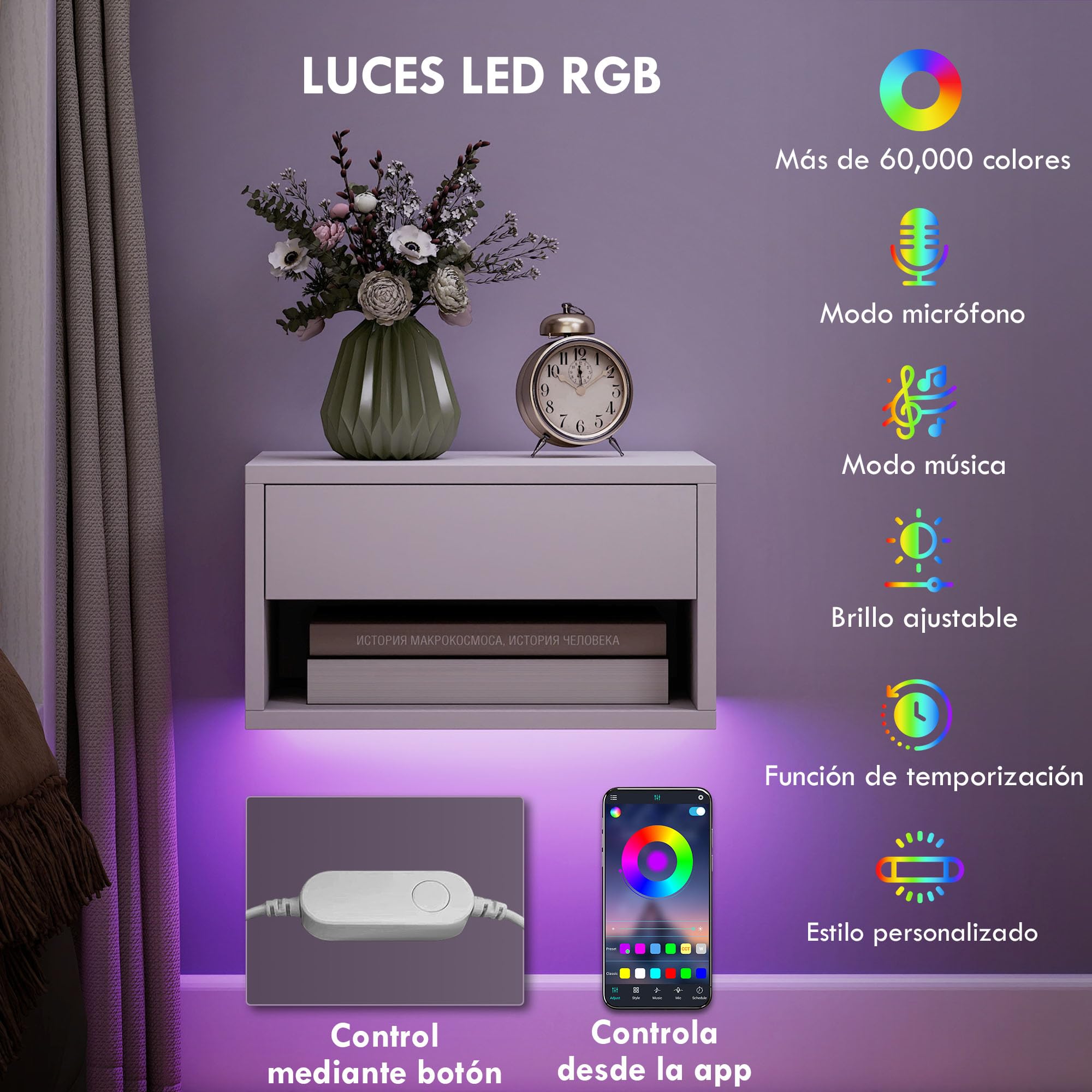 HOMCOM Juego de 2 Mesitas de Noche Flotantes 37x32x21 cm Blanco | Luces LED RGB, Control de APP, Mesillas de Noche Dormitorio, Cajón, Estante Abierto, para Sala de Estar