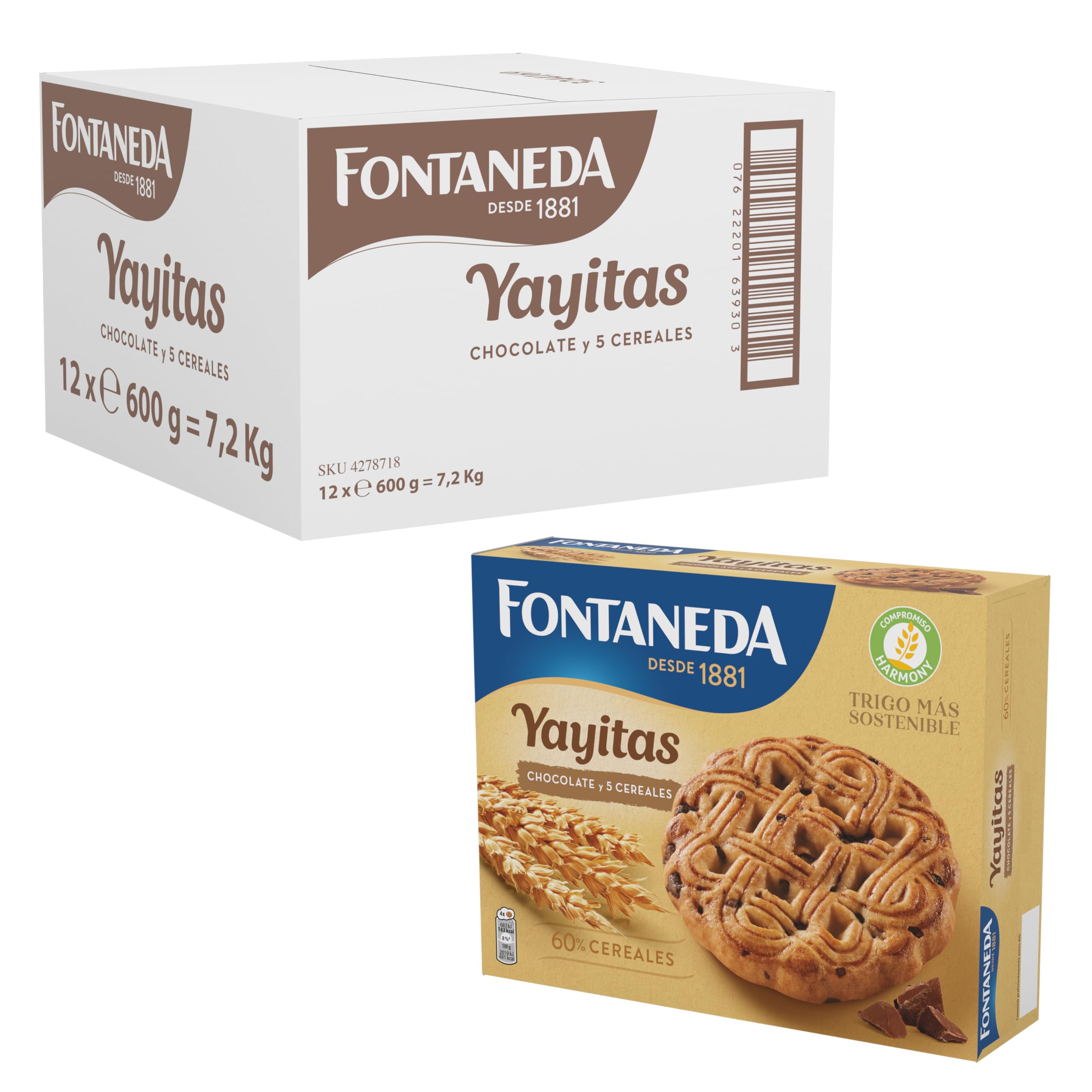 Fontaneda Yayitas Galletas de 5 Cereales con Pepitas de Chocolate, 12 Cajas de 600 g
