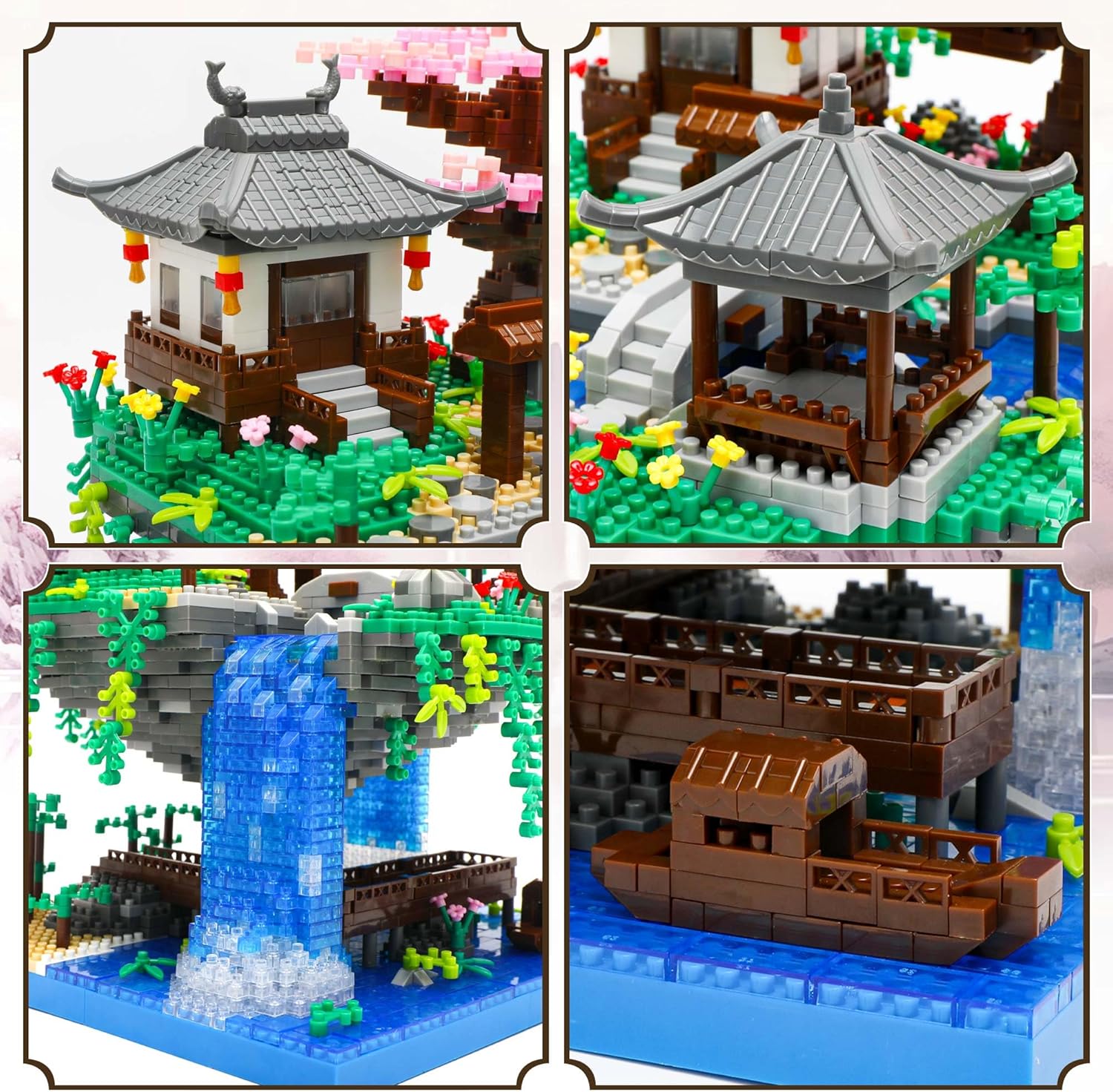 Close-up of the waterfall feature and boat in the Seyaom M2039 model