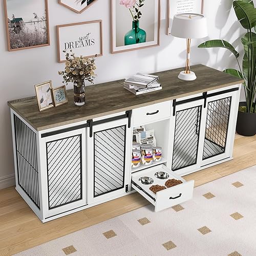 Mueble de jaula para perros extra grandes, puerta corredera de 85 pulgadas, doble perrera para 2 perros grandes divididos, muebles de madera