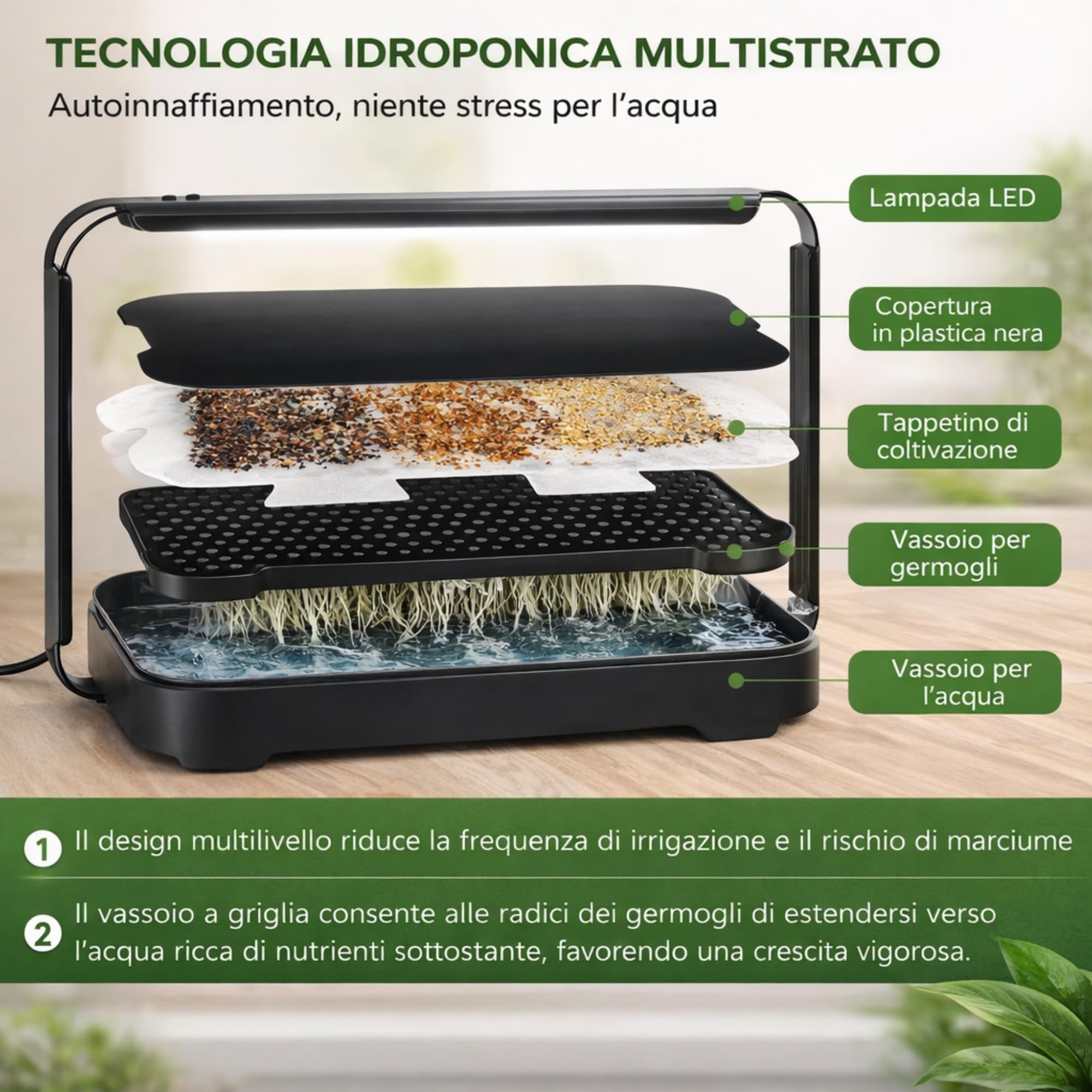 Idroponica Microgreen Indoor con Luce LED Automatica 12h per La CRESCITA OMOGENEA - Kit Idroponico Auto Irrigante con Sacchi Biodegradabili - Mini Serra Compatto per Casa - Capacità 1kg