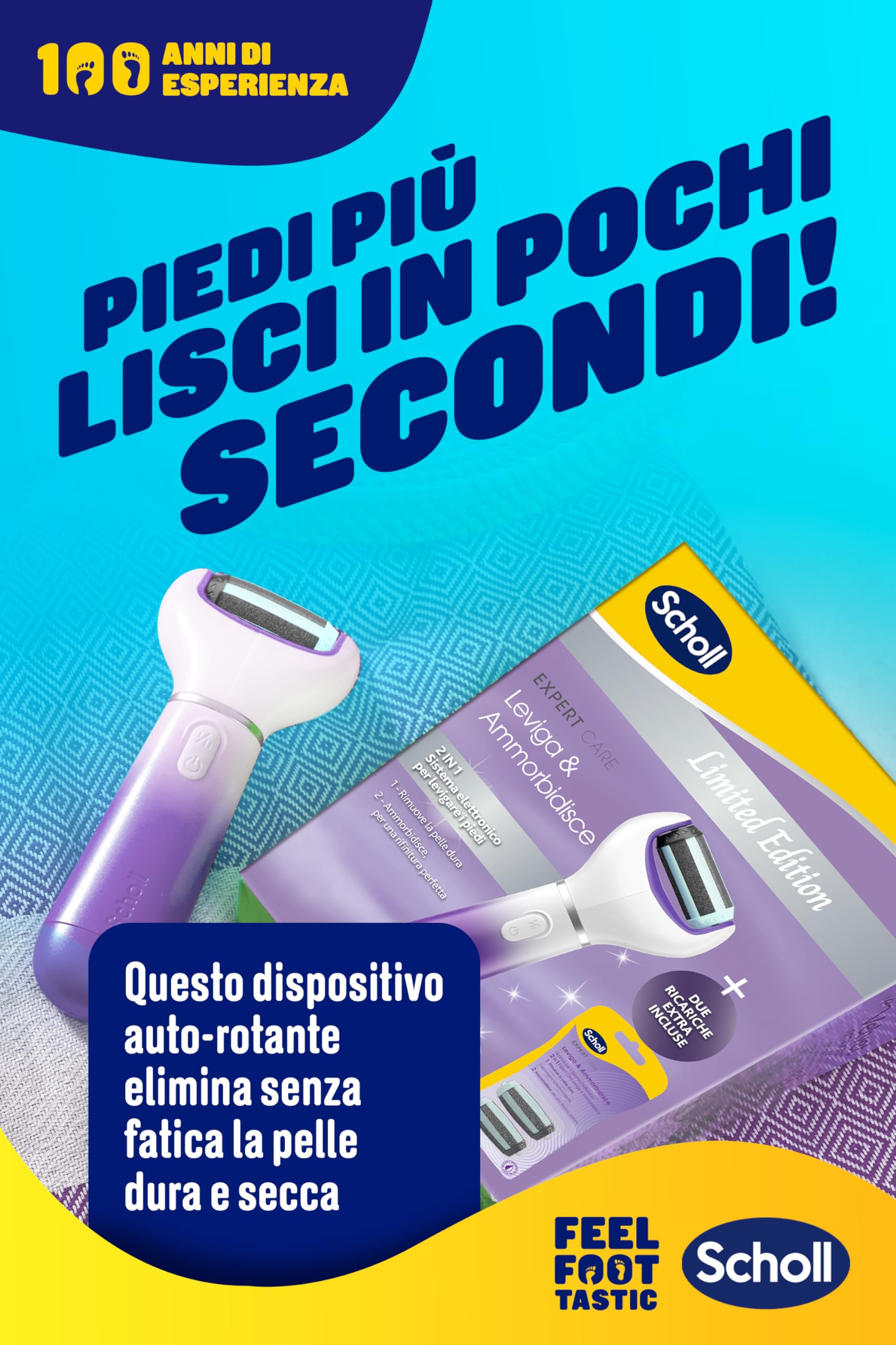 Scholl 2-in-1 Glättet und erweicht Limited Edition, elektrische Pediküre für rissige Füße und Fersen, 3 Doppelwirkungsköpfe im Lieferumfang enthalten, professionelle Fußraspel, entfernt harte Haut und