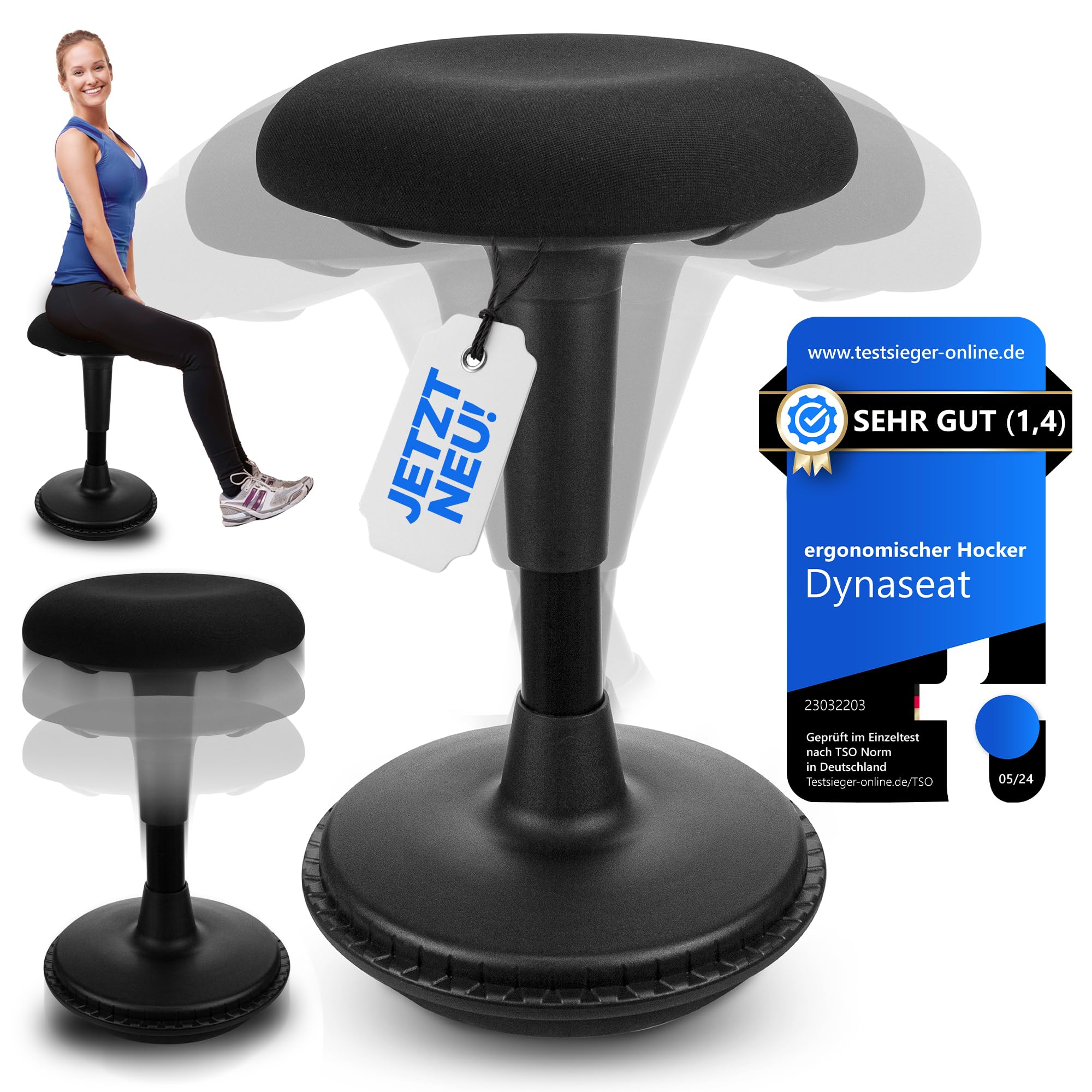 Dynaseat Höhenverstellbarer Sitz- & Stehhocker - Ideal für Büro & Home Office - Ergonomisch mit Schwingeffekt, Schwarz, 