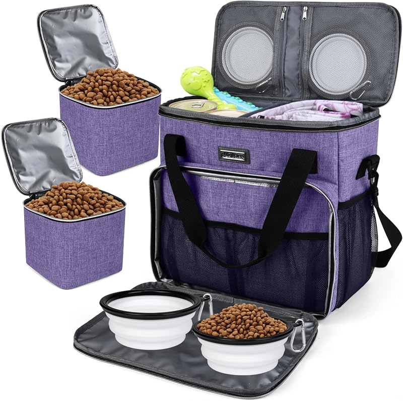 Bolsa de viagem para cães BAGLHER com 2 recipientes para alimento e 2 tigelas dobráveis de silicone, Roxa