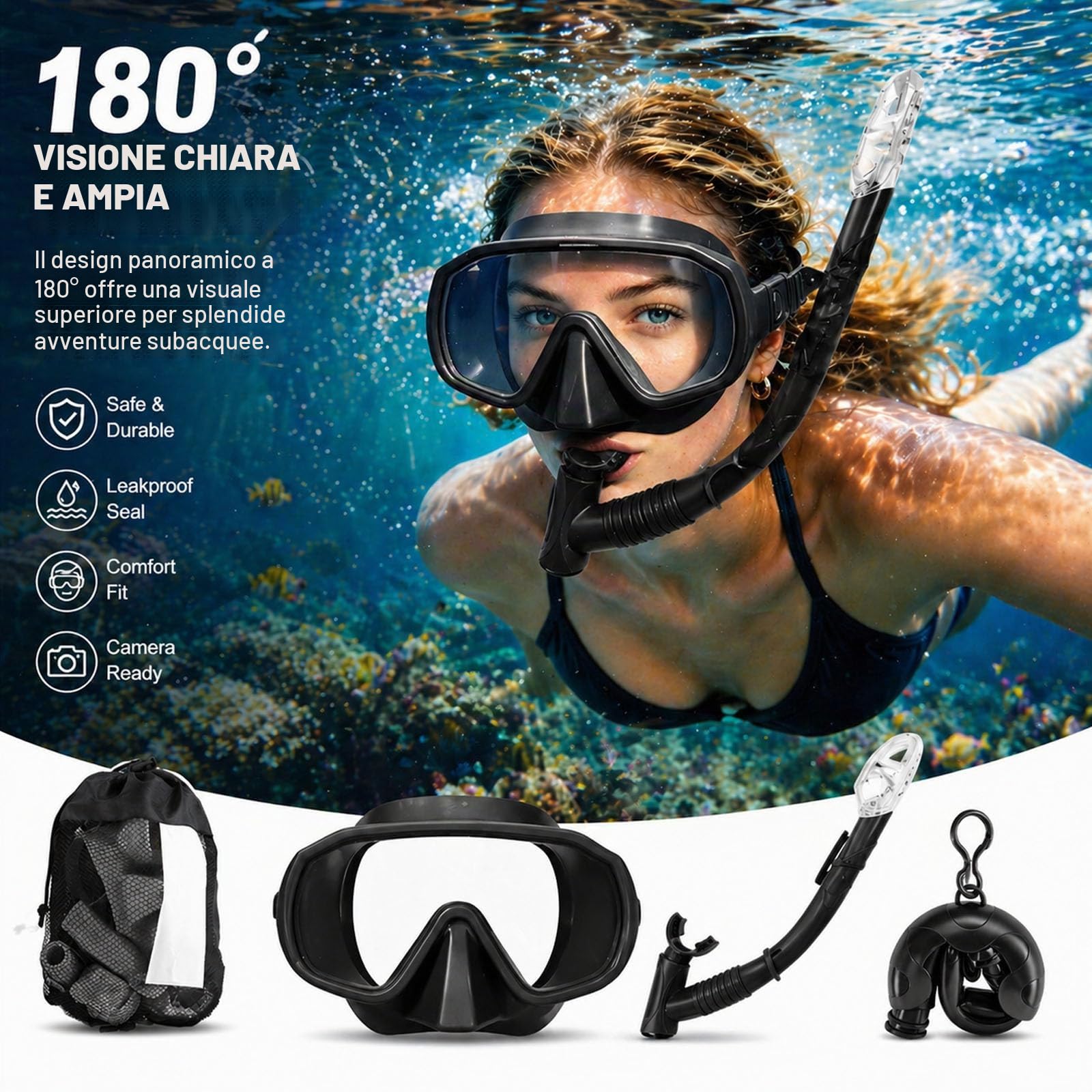 Set Snorkeling Per Adulti,Maschera Senza Cornice Con Vista Panoramica,Lente In Vetro Temperato Antiappannante,Boccaglio Asciutto Pieghevole, Attrezzatura Da Viaggio Portatile Con Borsa