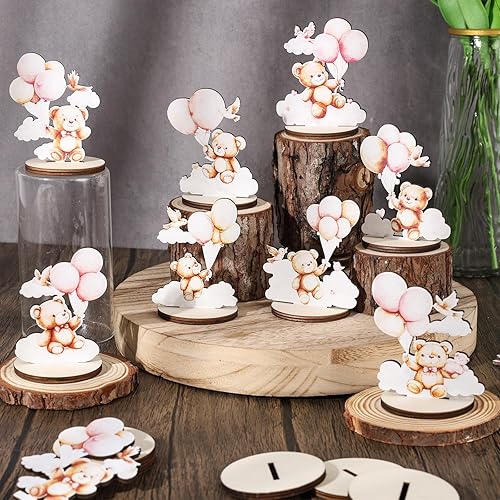 Miniatura 7 de 16 piezas de mesa de madera para baby shower, centro de mesa de oso rosa, letrero desmontable con texto en inglés "It's A Girl Gender Reveal",