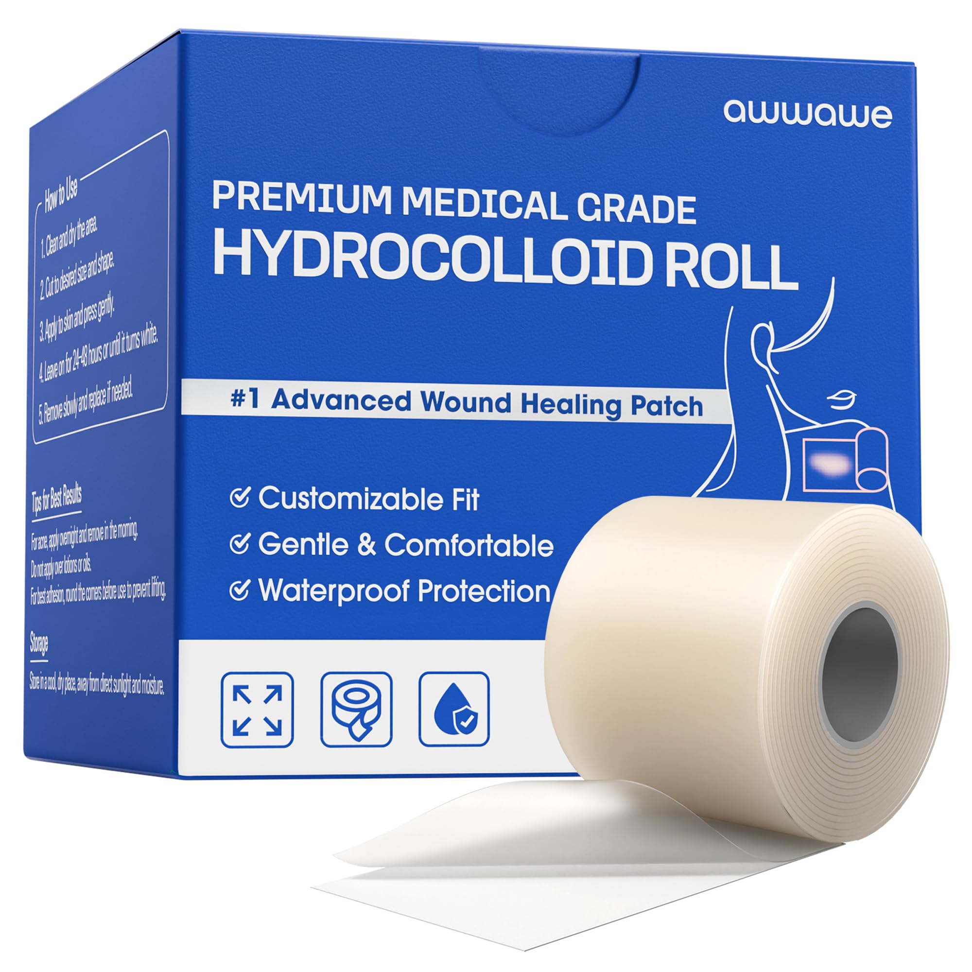 Hydrocolloid Roll Cut-to-Size Wound Dressing Pimple Patch for Blister Acne Scar Care Transparent Waterproof Skin-Friendly Bandage 2in x