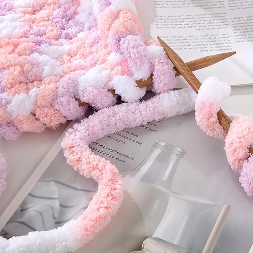 Miniatura 6 de MABOZOO Paquete de 8 hilos gruesos de teñido anudado para tejer a ganchillo, hilo de chenilla rosa esponjoso jumbo, hilo de felpa suave voluminoso,