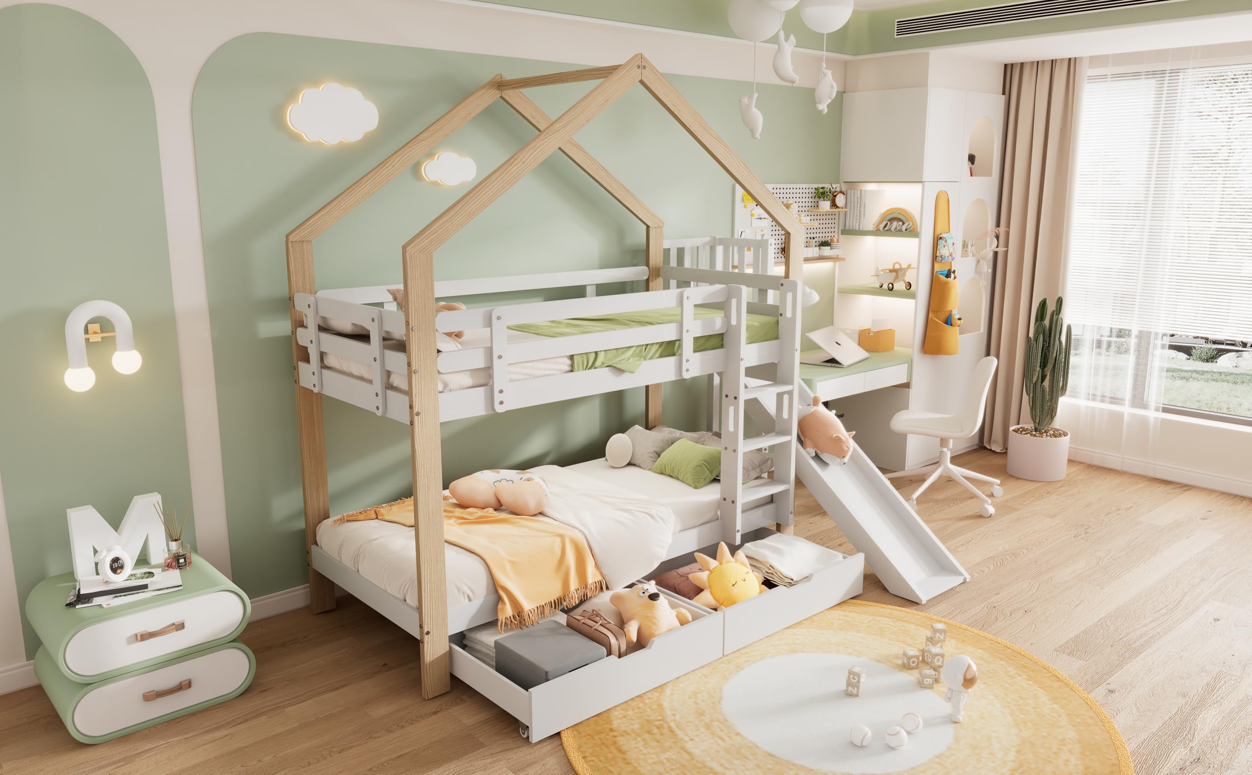 Litera con tobogán y escalera angular de tres niveles, cama con protección contra caídas, cuna, marco de cama de madera maciza, color blanco y natural, 90 x 200 cm (con 2 cajones)