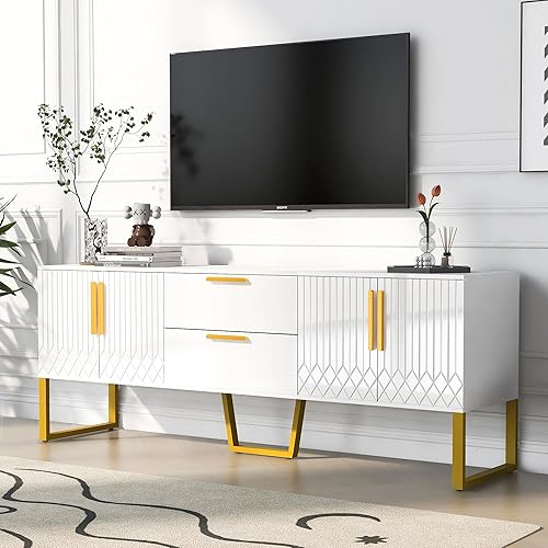Moderno mueble de almacenamiento para TV con 2 cajones y gabinetes, mesa consola de TV para sala de estar con patas y asas de metal para televisores