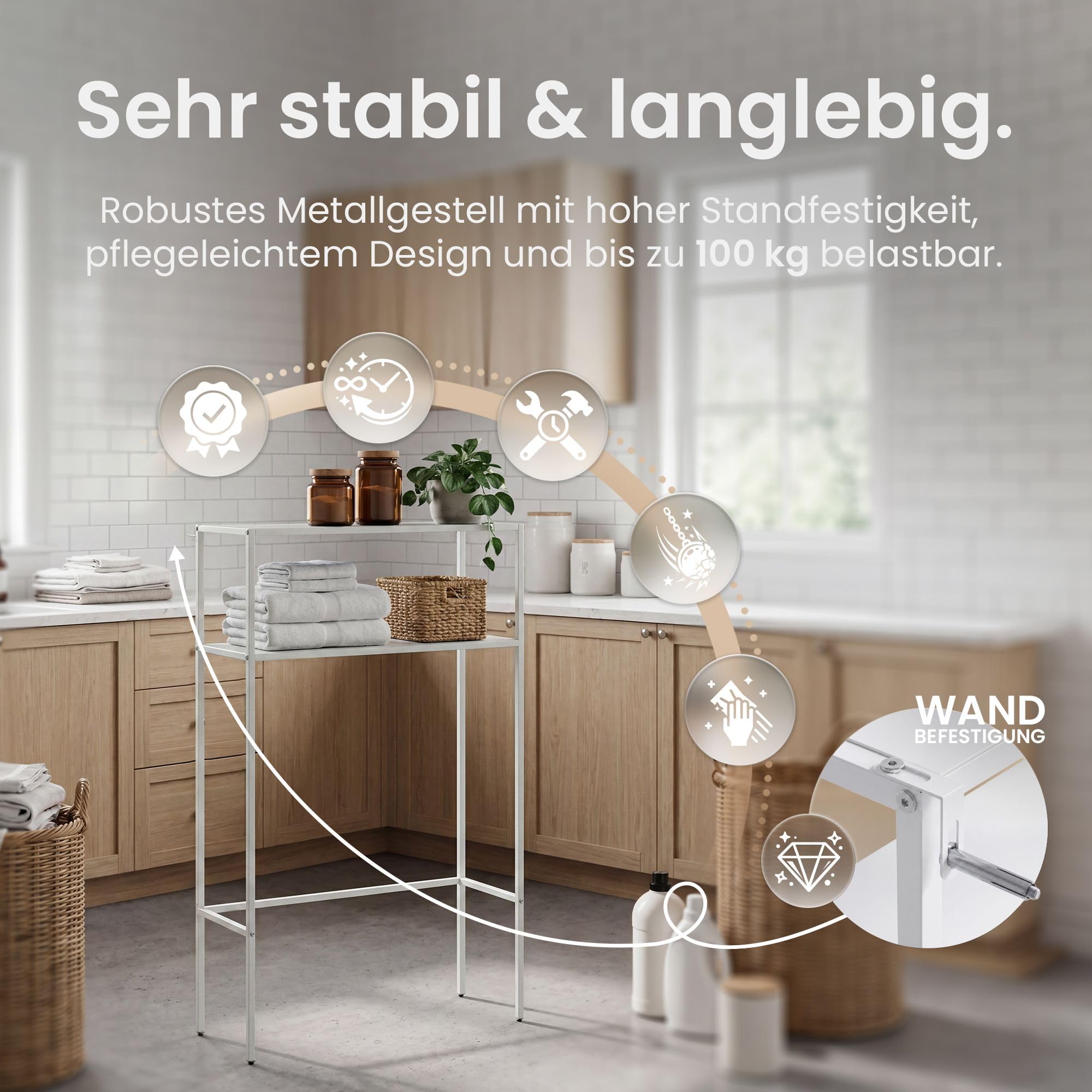 CLP Waschmaschinenregal Überbau Kendal, Überbauregal Waschmaschine und Trockner, Toilettenregal aus Metall, 2 Ablagen für Badezimmer Farbe weiß