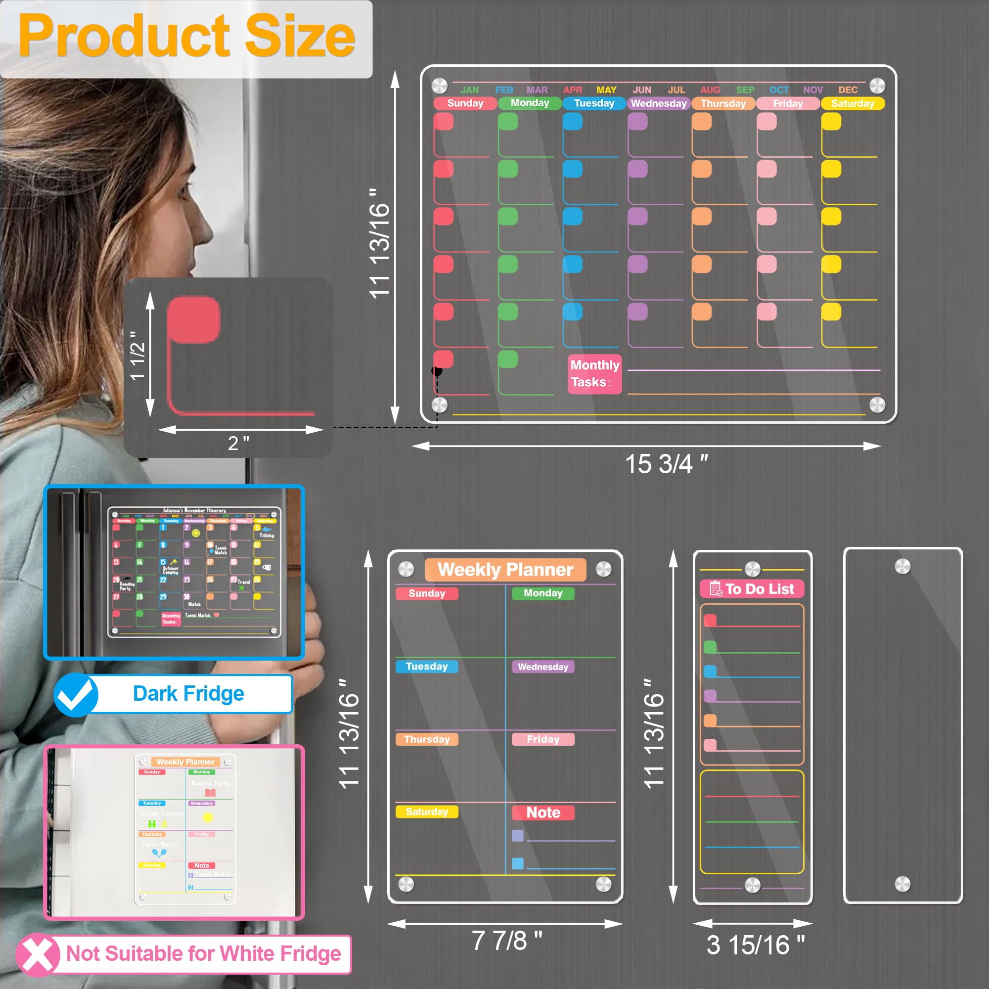 Calendario magnético acrílico transparente para nevera, planificador mensual y semanal de 16 x 12 pulgadas, tablero de borrado en seco para refrigerador, ideal para organización familiar y