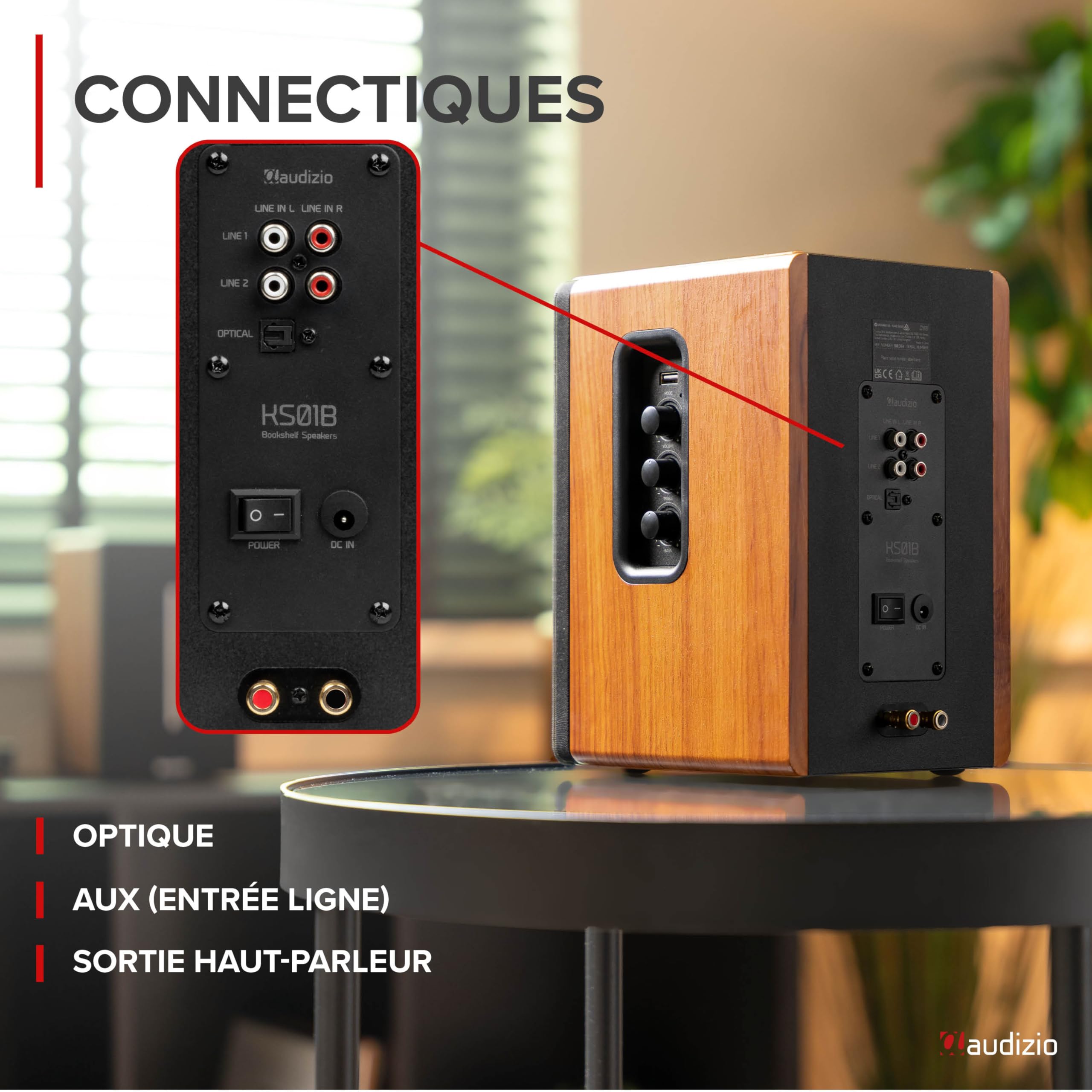 Audizio KS01 Enceintes Hi-FI Bibliothèque Actives 80W avec BT 5.0, Woofer 4" et Tweeter 1,25", Réglages Graves et Aigus, DSP avec Préréglages, Finition Bois Élégante