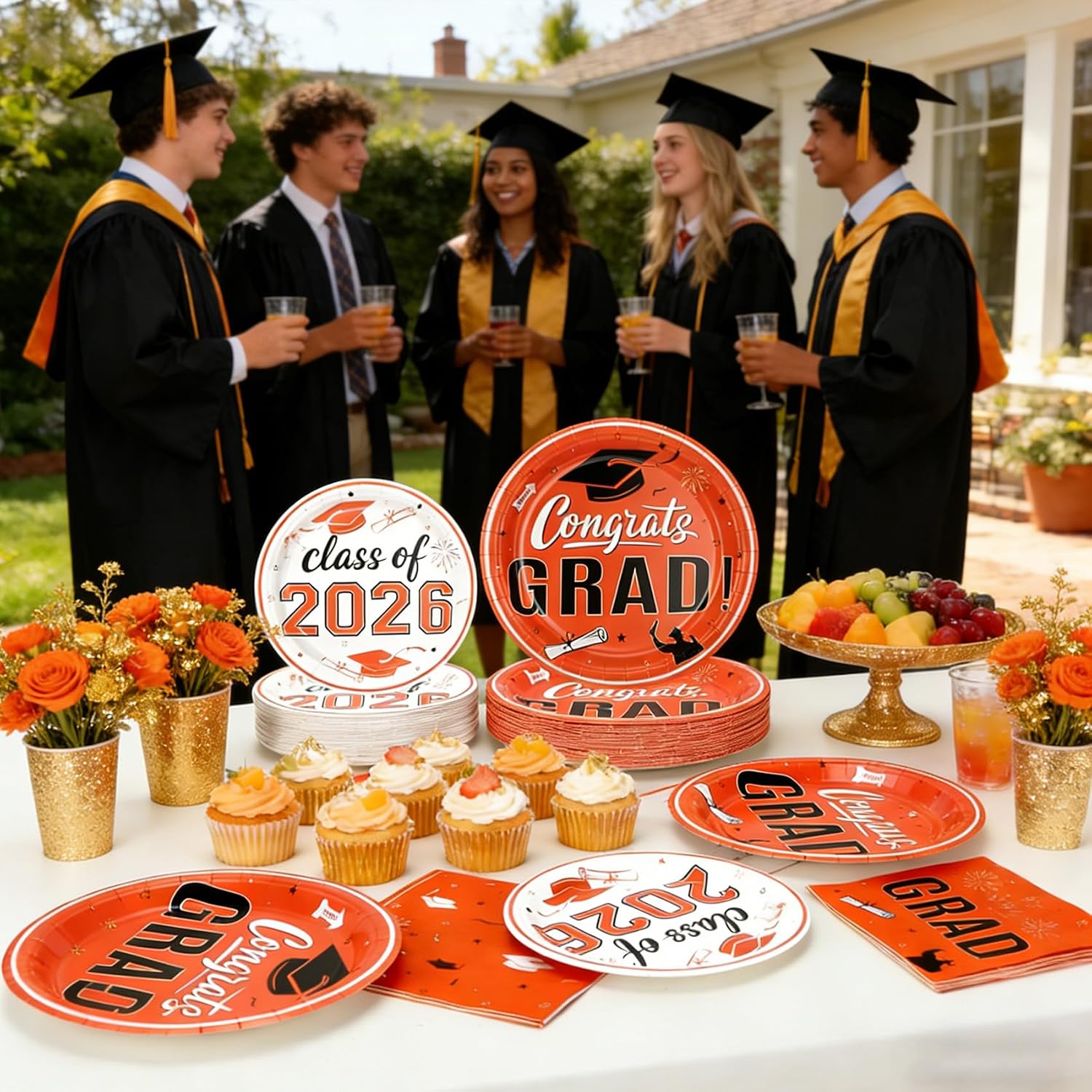 Graduation Paper Plates and Napkins 2026, Class of 2026 Graduation Party Supplies, Disposable 9" Orange Dinner Plates 7" Dessert Plates Graduation Tableware for Graduation Party Decorations, Serves 50