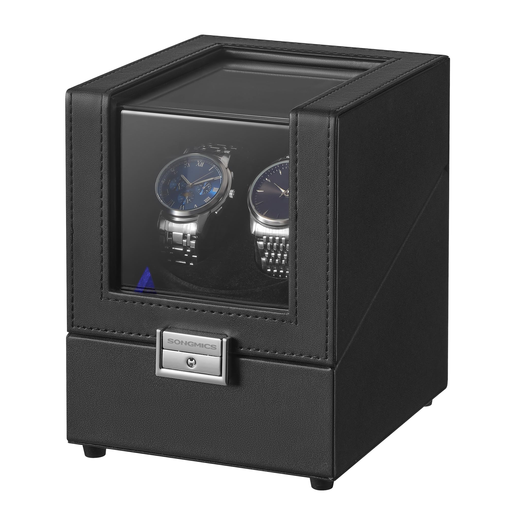 SONGMICS Carica Orologi, Caricatore Automatico Doppio per 1 Orologio con Motore Silenzioso, con LED, Cuscino Regolabile, Chiusura, 4 Impostazioni, con un Cavo di Ricarica USB-C, Nero JWB031B01