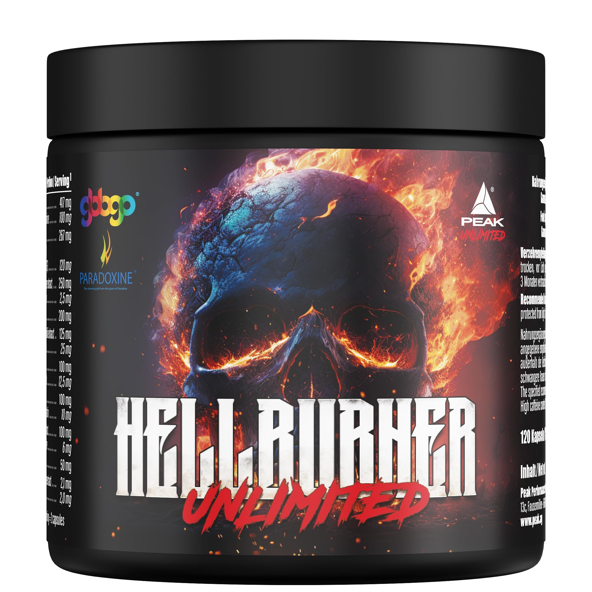 PEAK Hellburner Unlimited - 120 Kapseln I 60 Portionen I Diätunterstützer und Stoffwechsel Booster mit Stimulanzien I Koffein, Theobromin, Grains of Paradise, GBB, Grüntee, Fucoxanthin