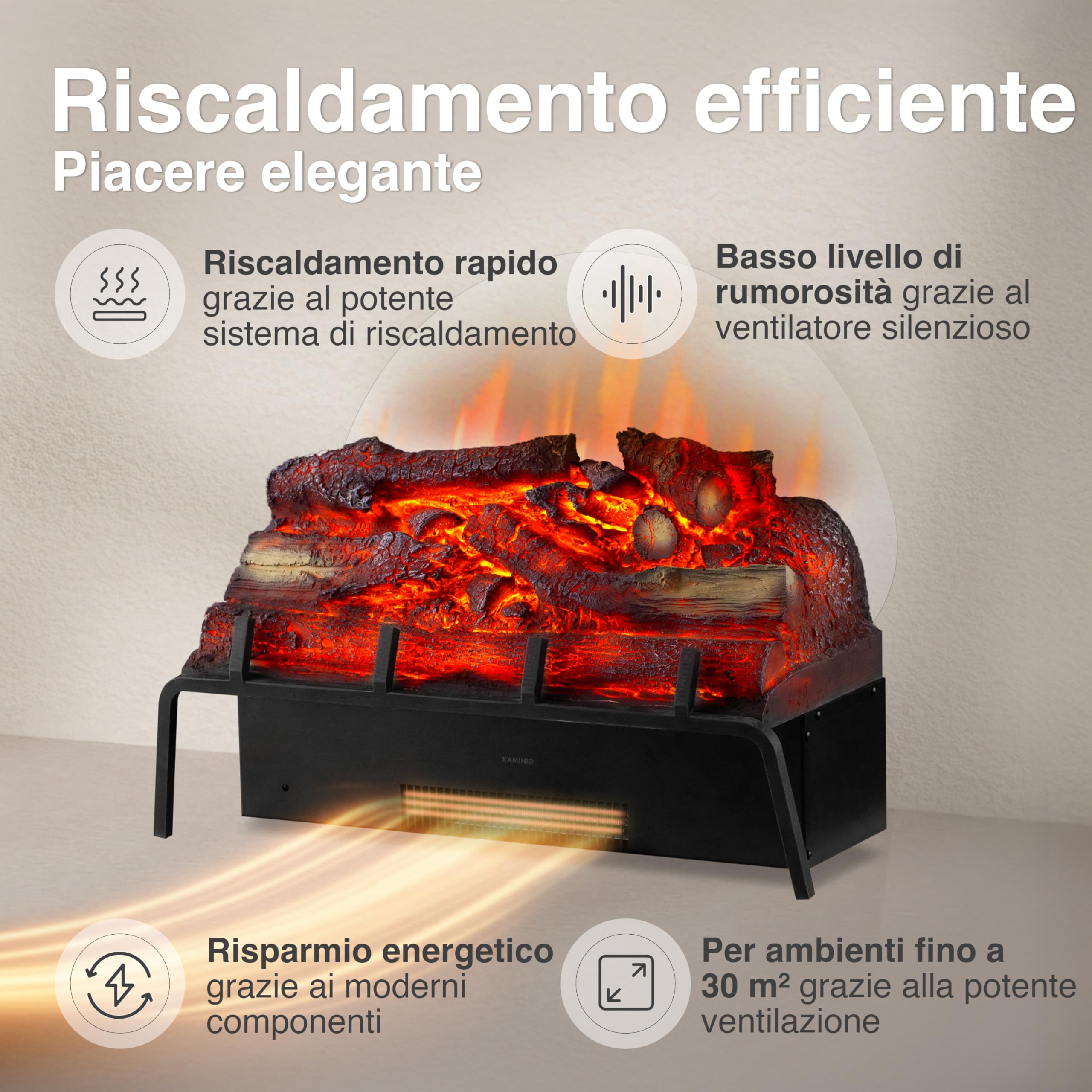 KAMINIO Camino elettrico NOAH - Inserto per caminetto elettrico con riscaldamento, effetto 3D, telecomando