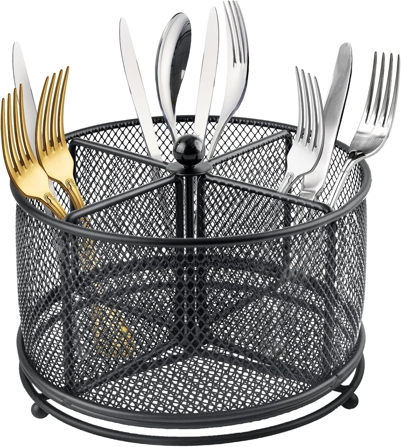 360° Rotating Metal Utensil Caddy - 4 Compartment Silverware Cutlery Holder Rotation Fork Spoon Napkin Organizer Flatware Storage Basket Party Countertop Buffet Picnic Camping Outdoor Black