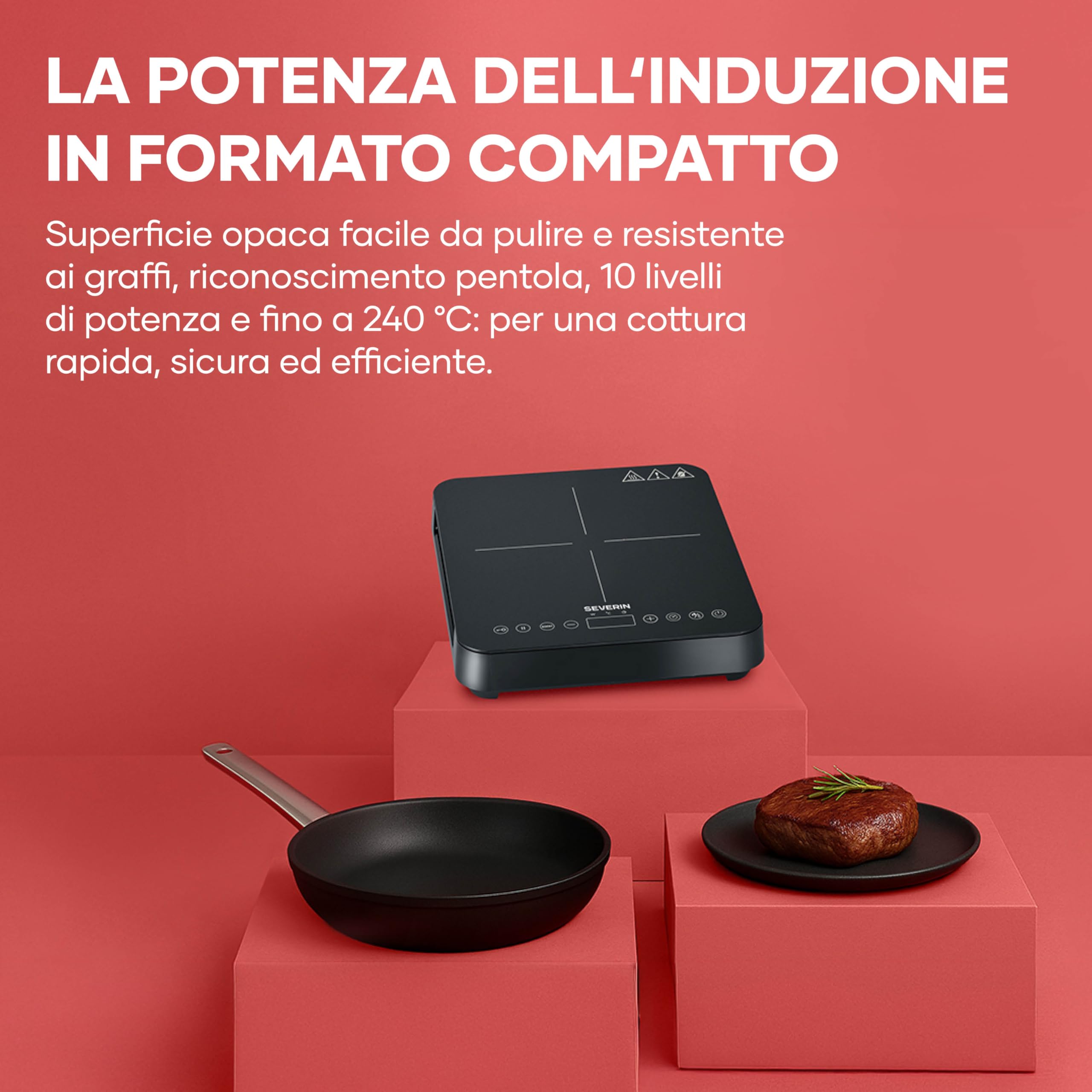 SEVERIN Piastra a Induzione Singola, Piano in Vetroceramica Antigraffio Finitura Opaca, 10 Livelli di Potenza, Touch Screen, Diametro 22 cm, Riconoscimento Pentola, 2000 W, Nero - KP 1026