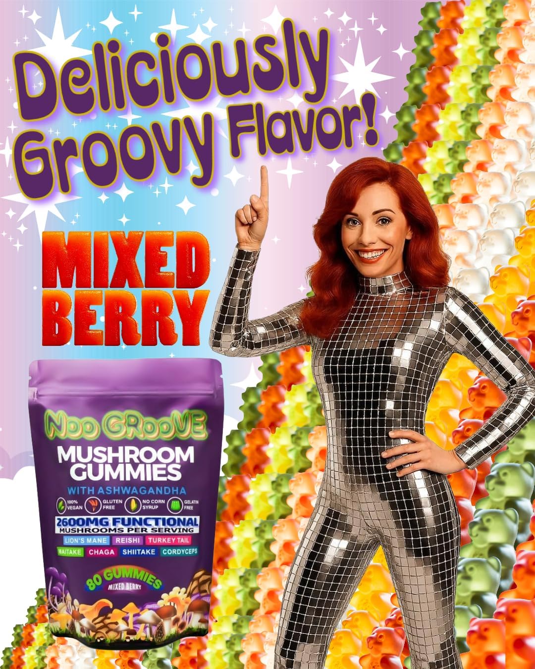 Organic Functional Mushroom Gummies with Ashwagandha, Lions Mane, Reishi, Turkey Tail, 2600mg, 80 Count, Vegan, Gluten Free, Mixed Berry Flavor