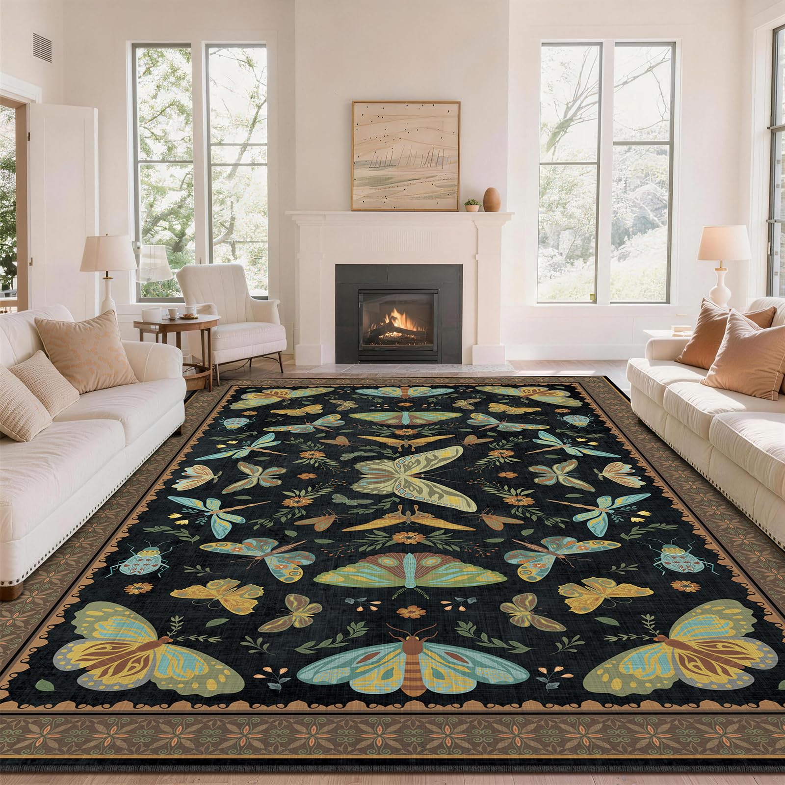 SOANNY Butterfly Rug Living Room, Soft Low Pile Washable Non Slip Area Carpet for Bedroom Kitchen Entryway Beside Sofa Office Dorm, Modern Stain Resistant Mat Floor Decor, 160x220 cm, Black Brown โ image 1