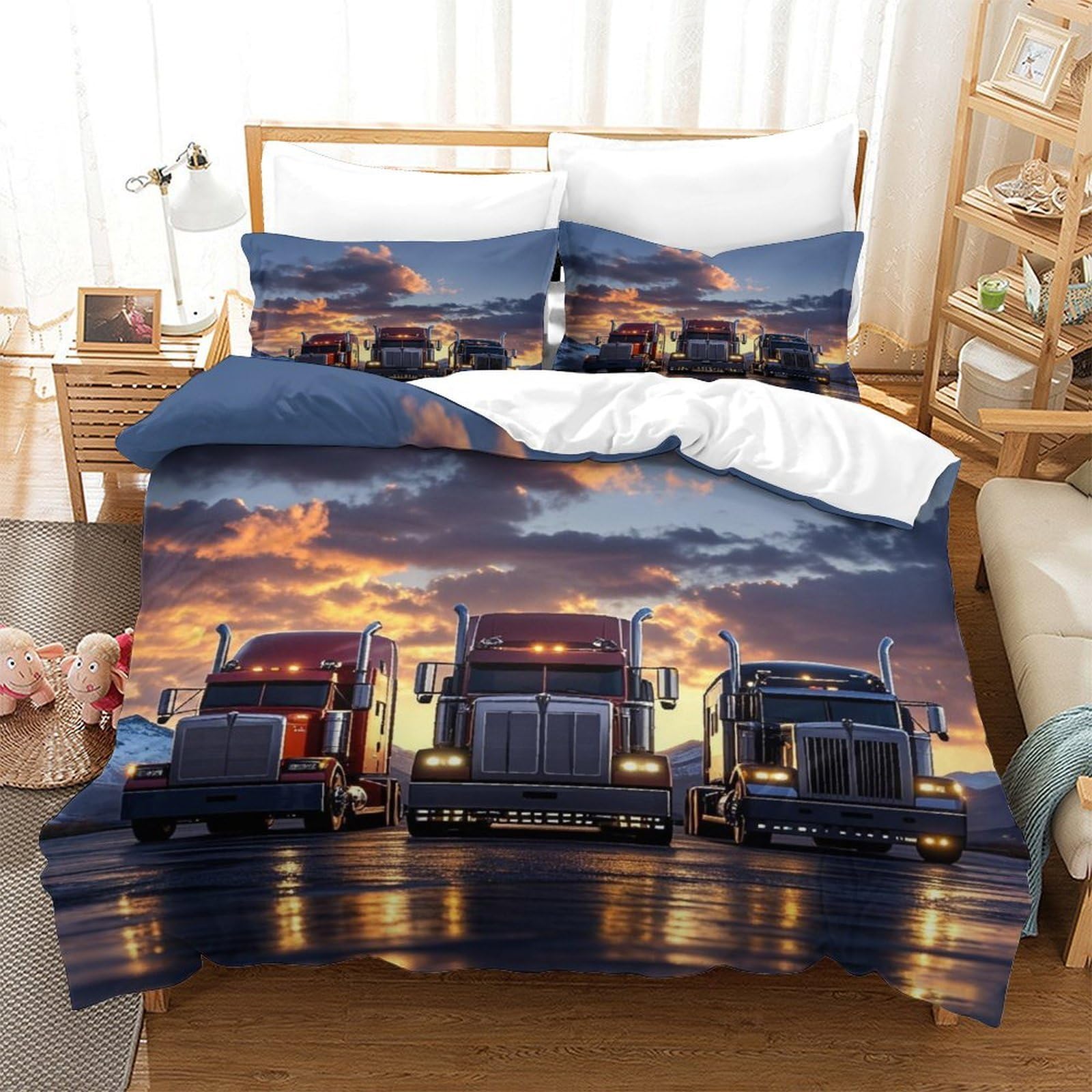 Lililaobiao Boys American Truck-7 3D Printed American Truck Bedding Set Double（200X200cm）, Comforter Cover With Hidden Zipper,18-Wheeler Peterbilt379 Pattern Quilt Cover Microfiber Duvet Cover With Pillowcase