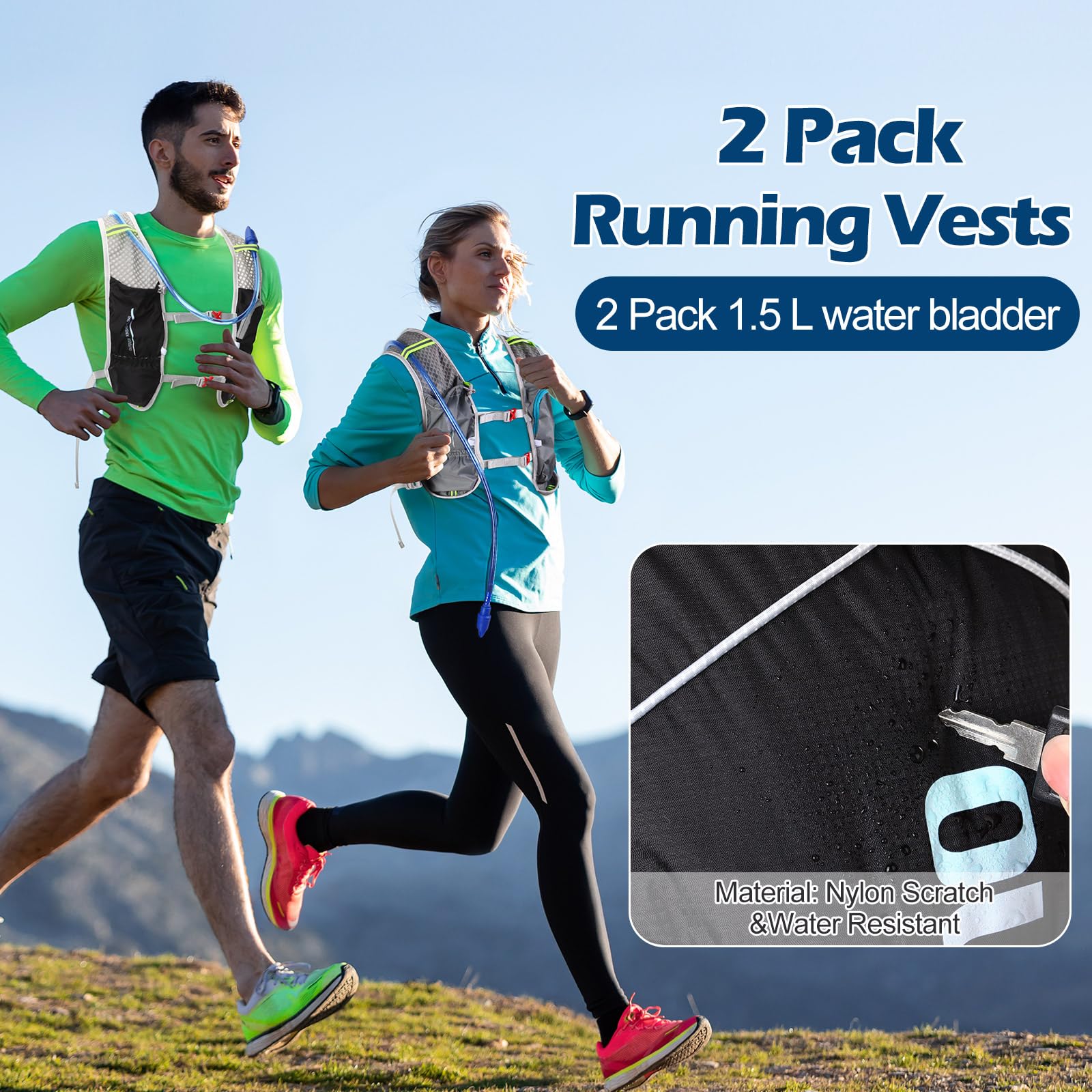 Domensi 2 Pack Water Backpack for Hiking Lightweight Hydration Running Vest Backpack with 1.5 L Water Bladder Adjustable Running Hydration Vest for Trail Hiking Marathon Race Jogging Cycling
