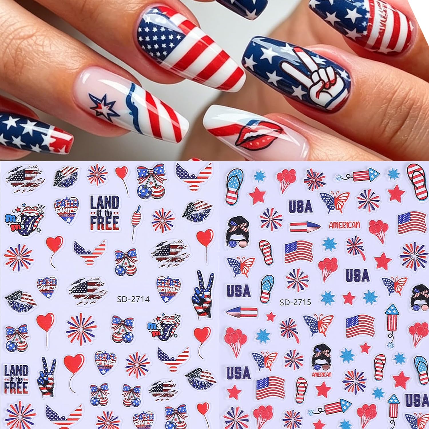 4th of July Nail Art Stickers Decals 6 Sheets 5D Embossed Self-Adhesive Independence Day Nail Stickers Flag Stars Fireworks Patriotic Nail Art Decoration Fourth of July Design Manicure Supplies