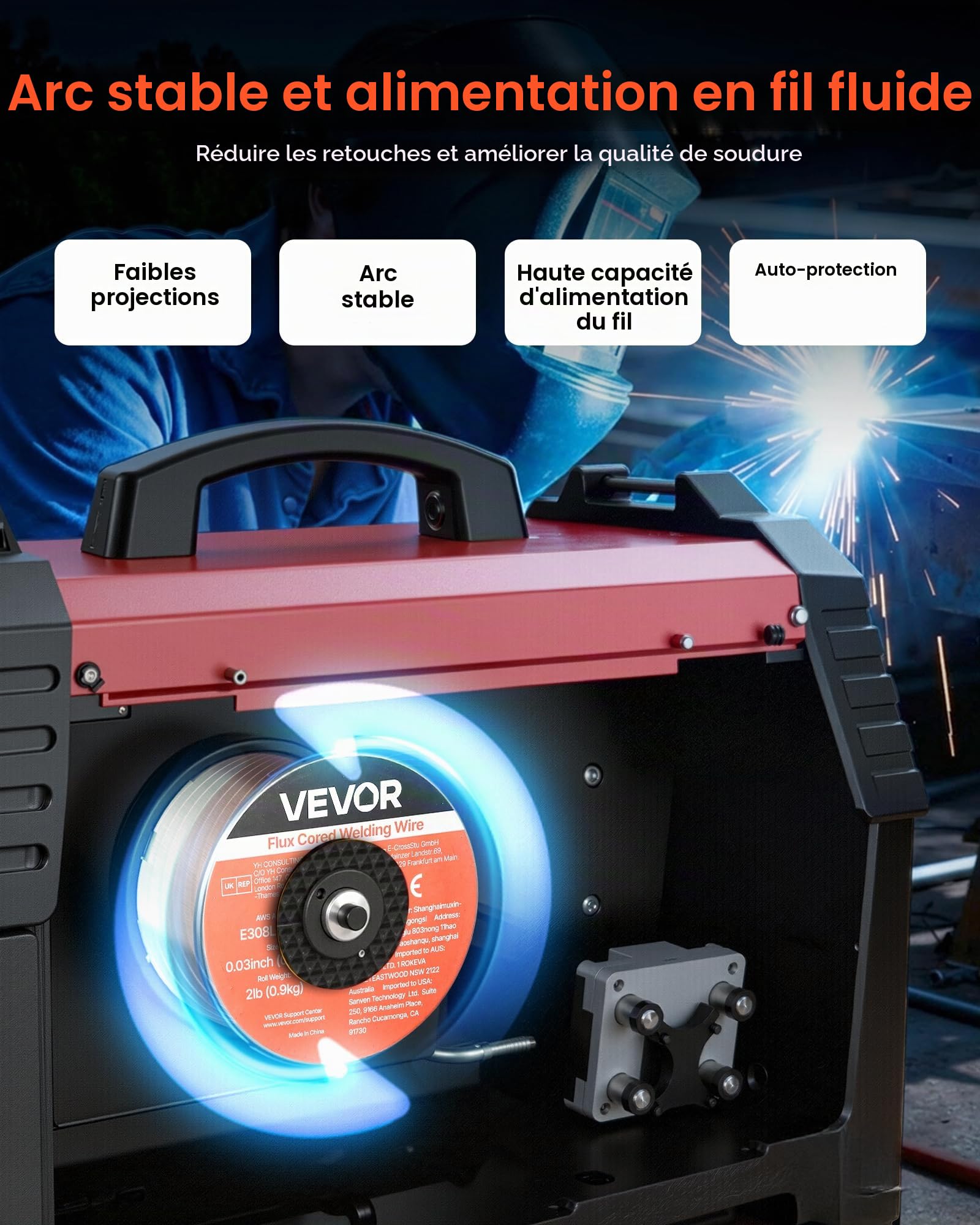 VEVOR Fil Fourré sans Gaz 0,8 mm 0,9 kg par Bobine Fil de Soudage MIG E308LFC-O pour Soudage à l'Arc de Toutes Positions, Auto-protégé, Utilisation Extérieure, Acier Inoxydable, Faible Projection