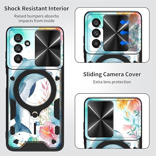 Vista 340 de Funda para Samsung Galaxy A13 5G con cubierta deslizante para lente de cámara y anillo giratorio de 360 grados, soporte híbrido de doble capa Flores