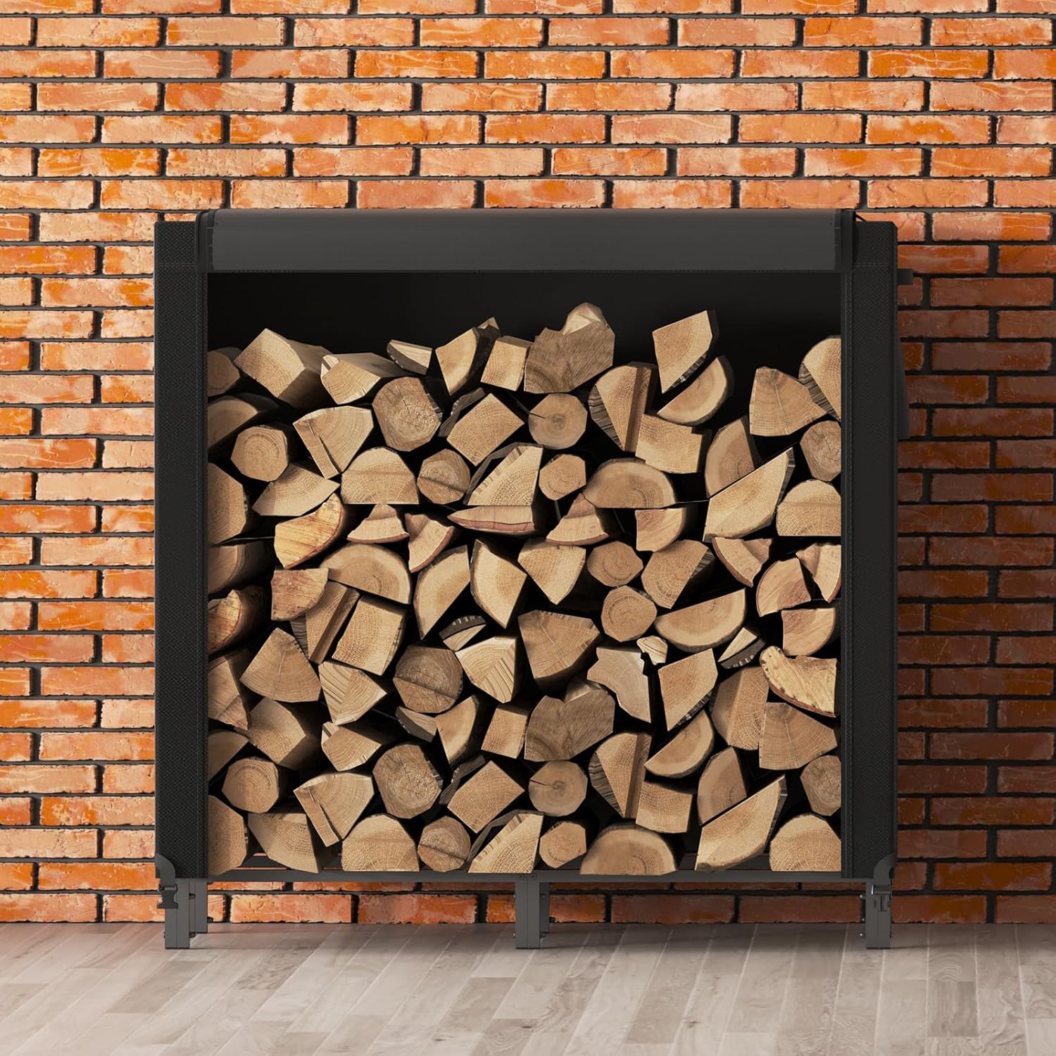 Lifewit 4 FT Firewood Rack Outdoor with Waterproof Cover, Indoor/Outdoor Wood Storage with Side Pocket, Heavy Duty Firewood Holder for Fireplace, Fire Pit, Black, 122 x 59 x 122 cm/48 x 23 x 48 inch