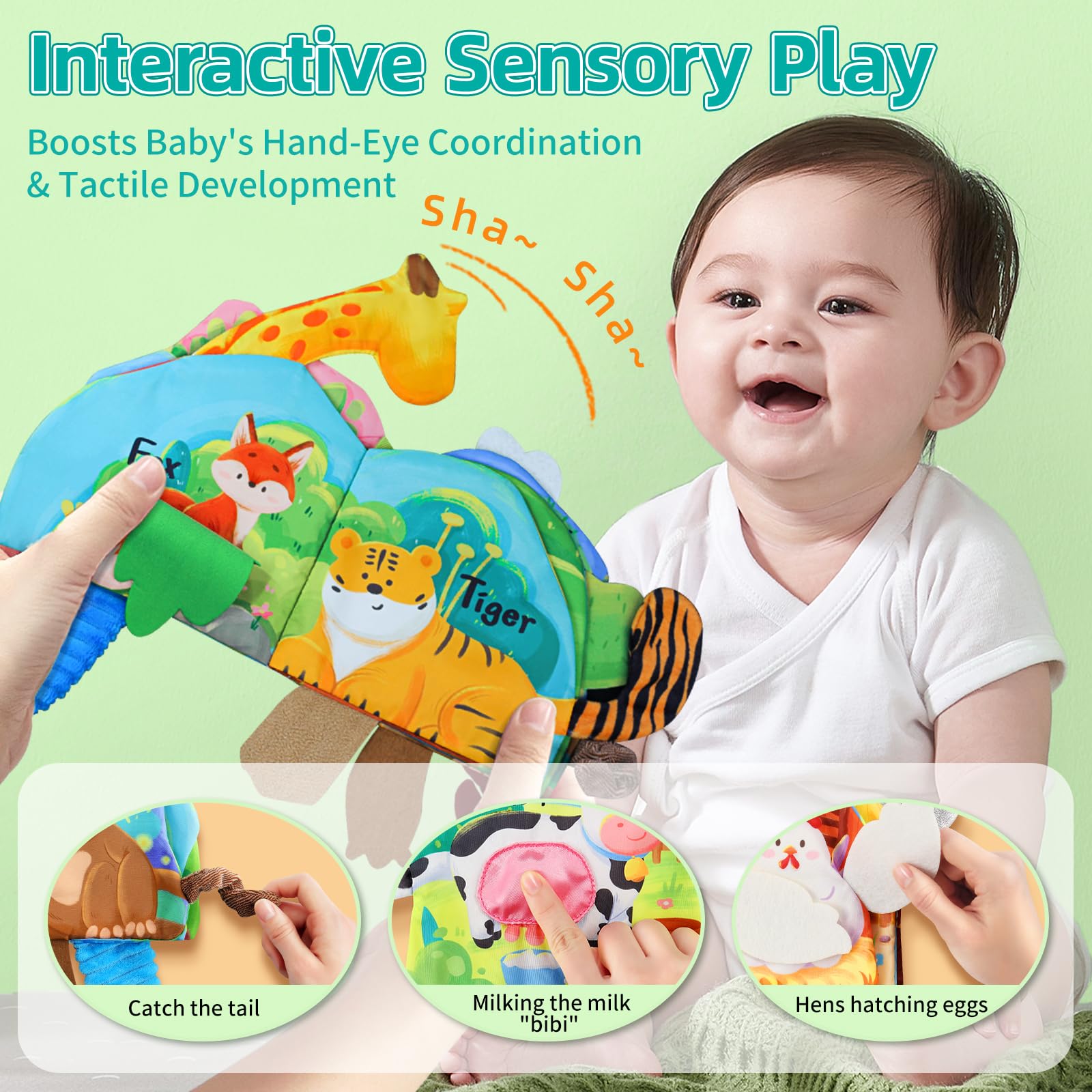 auby 3PCS Livre Tissu 0-12 Mois - Livres d'Éveil Interactifs à Queues 3D Texturées, Thèmes Animaux & Fruits, Jouets Eveil pour Bébés, Lavables en Machine, Cadeau Naissance Fille Garçon