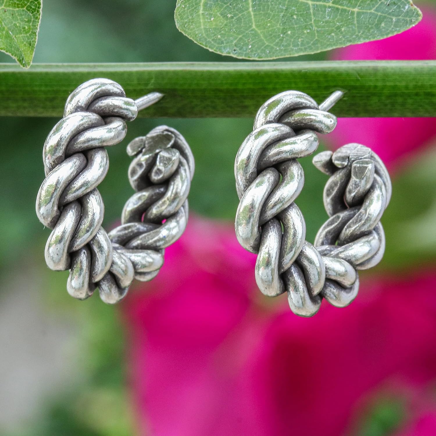 NOVICA No Stone .925 Sterling Silver Half Hoop Earrings 'Twisted Elegance'