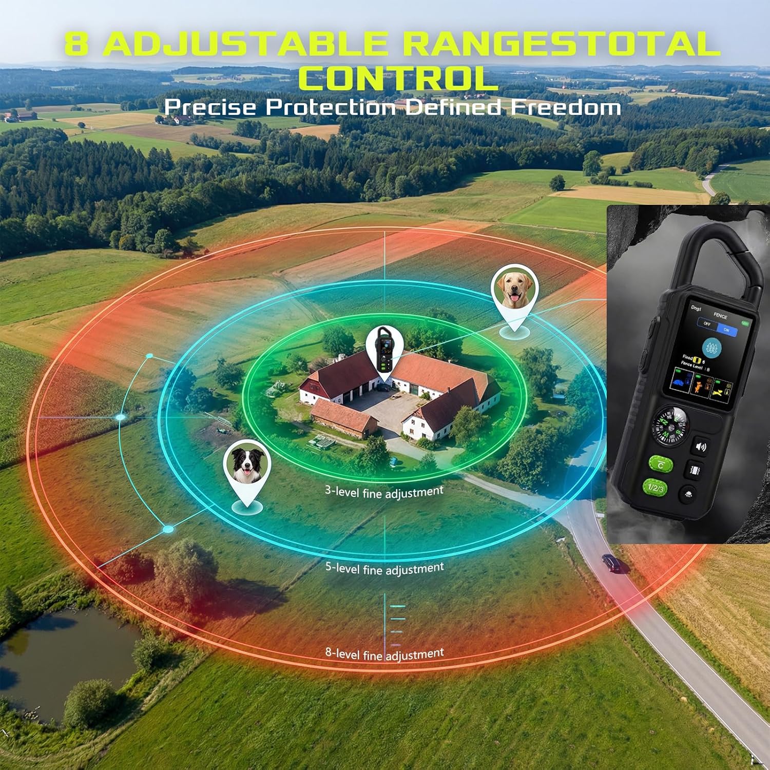 Dog Wireless Fence for 2 Dogs, 3 in 1 Adjustable Dog Perimeter Collar Wireless Fence, Portable Waterproof Training Collar Rechargeable