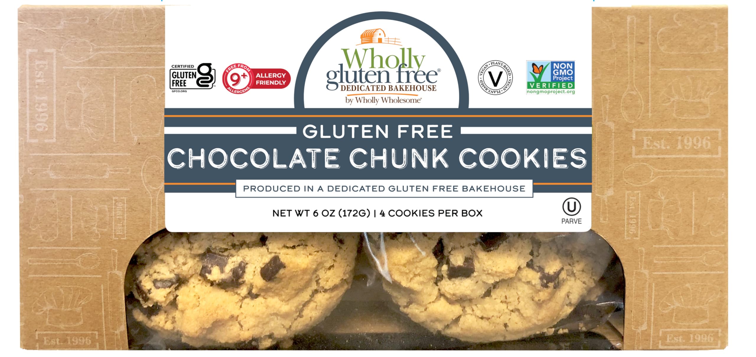 Wholly Gluten Free Chocolate Chunk Cookies, Non-GMO Verified, Vegan, Allergy Friendly, 4 Cookies Per Box, 6 oz