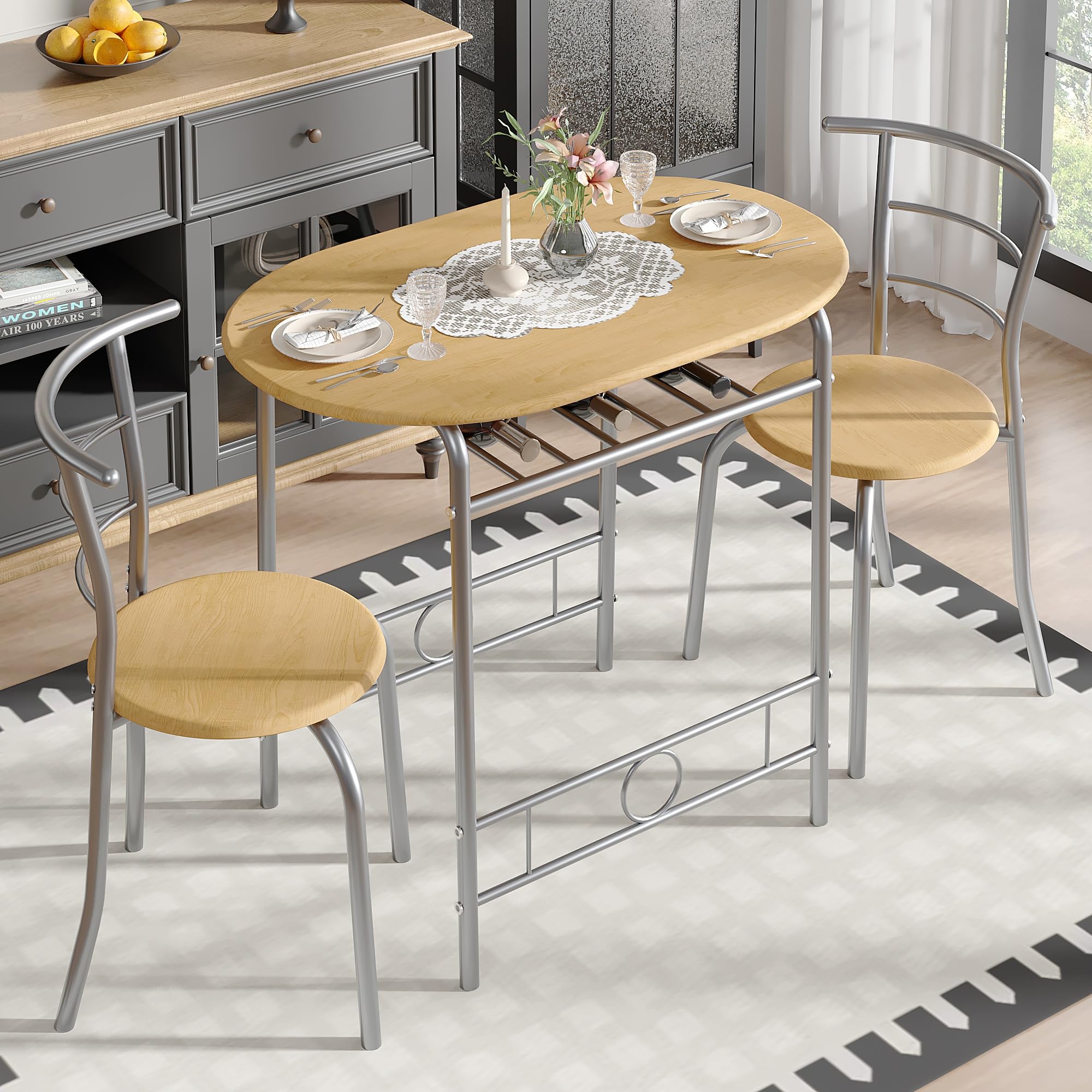 VECELO 3-Piece Dining Table Set for Kitchen Breakfast Nook, Wood Grain Oval Tabletop and Metal Frame with Built-in Wine Rack, for Small Spaces,