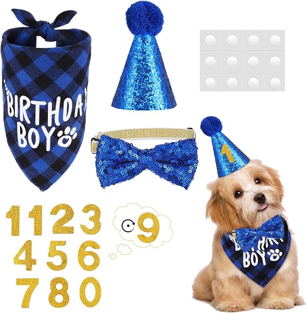 Dacitiery Dog Birthday Party Supplies,Plaid Dog Birthday Bandana Boy Scarf and Reusable Dog Birthday Hat Bow Tie Collar Birthday Number for Medium Large Puppy Dog Birthday Party Outfits