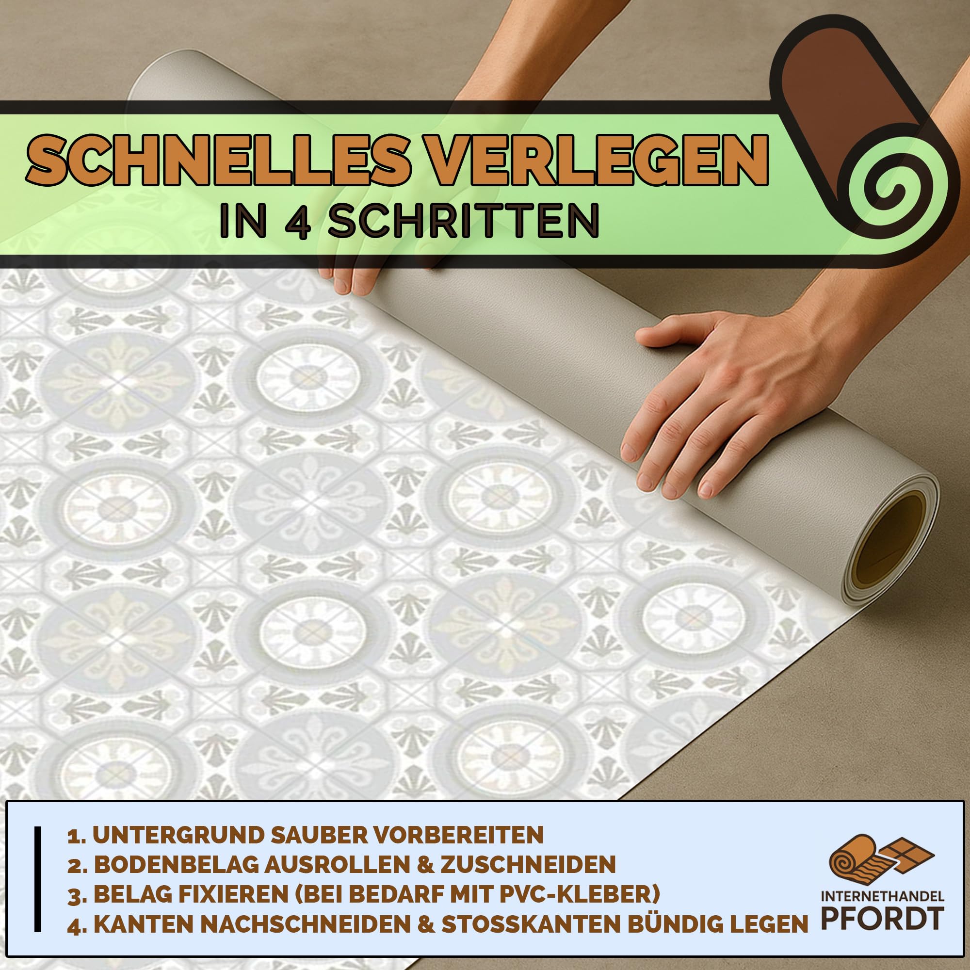 CV Bodenbelag Fliese Lagos, 350x200 cm, pflegeleichter PVC Vinylboden in Fliesenoptik, Meterware für Küche und Wohnzimmer