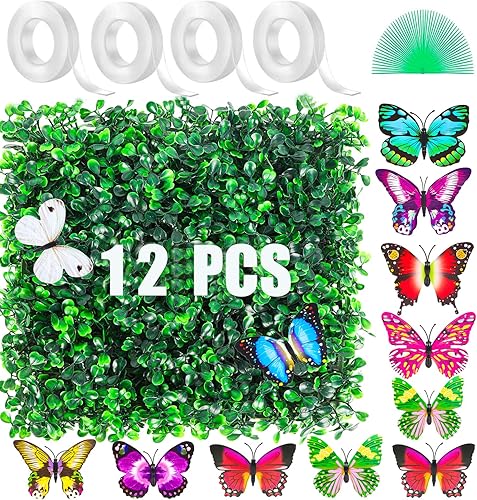 SunnySmil - 12 paneles de pared de césped artificial de 10 x 10 pulgadas, paneles de pared de seto de boj, con cinta de doble cara, facilitan la