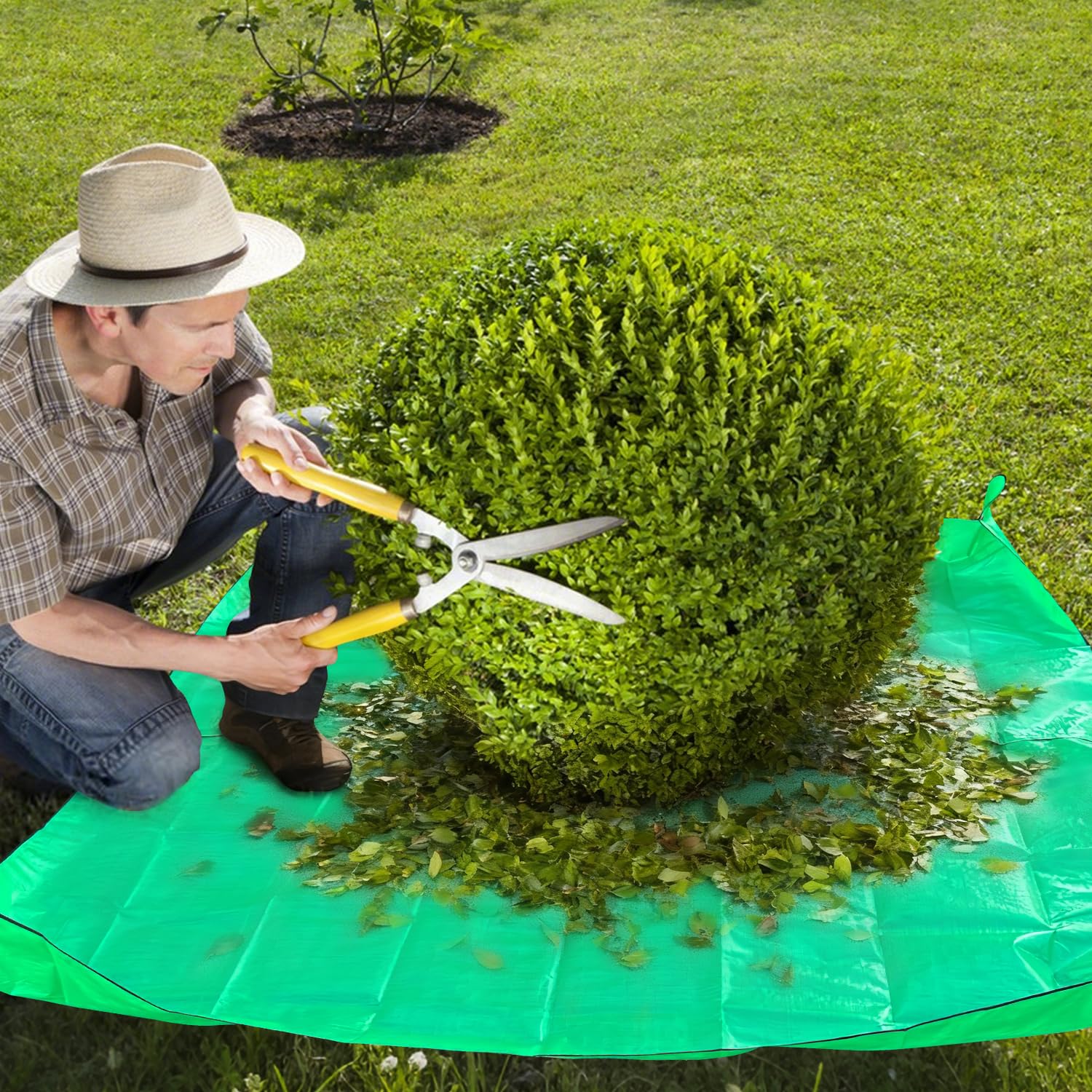 Krajobrazowa plandeka do przycinania 2 x 2 m przenośnik liści z otworem 30 cm plandeka do przycinania drzew z pierścieniami kątowymi płótno do czyszczenia resztek liści