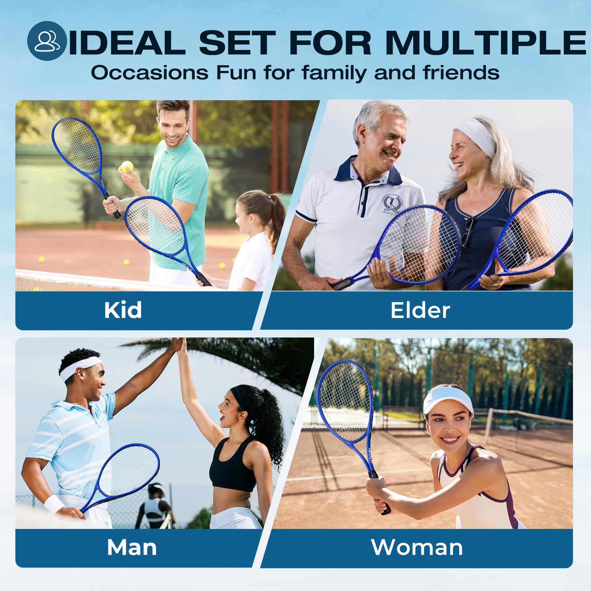 HIRALIY Ensemble de Raquettes de Tennis 68,6 cm pour Adultes, 2 Raquettes Pré-cordées, 2 Bandes, 3 Balles, Sac