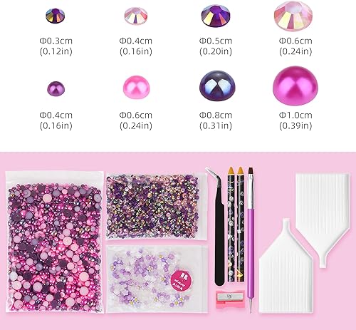 Miniatura 3 de Diamantes de imitación de perlas de 5.64 oz con parte trasera plana rosa y morado para manualidades, tamaño mixto de 0.116 pulgadas a 0.39 pulgadas,