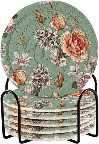 Floral Roses Coasters for Drinks Set of 6 Woven Drink Coaster Set Absorbent for Tabletop Protection Home Coffee Table Decor