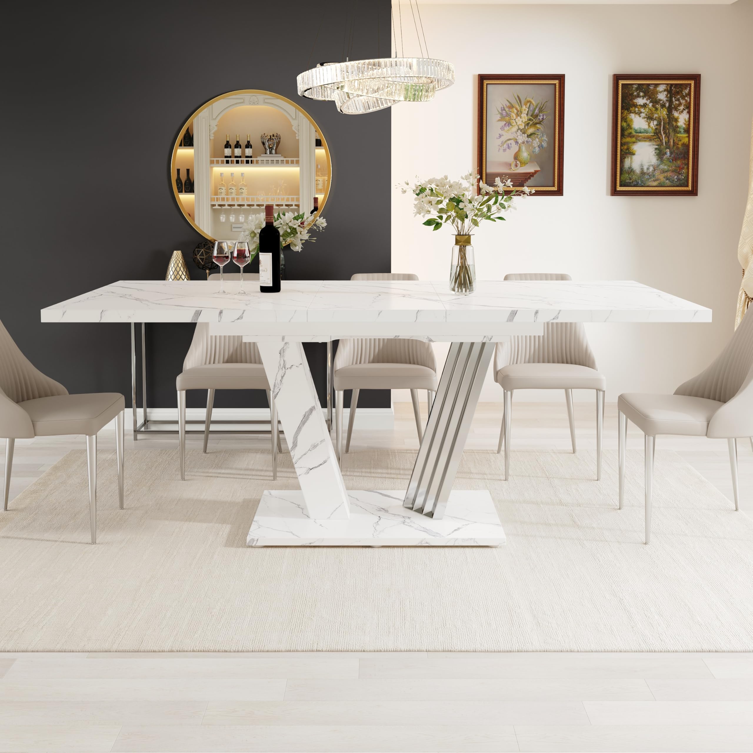 Tavolo allungabile con piano in marmo, bianco, 120 – 160 x 80 x 76 cm, tavolo da pranzo con foglia estraibile e struttura a farfalla per cucina e soggiorno