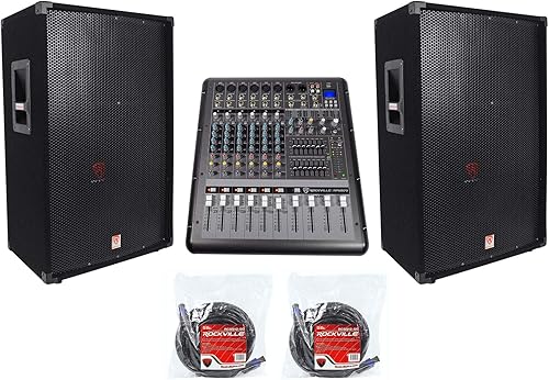 2 Rockville RSG15 15 3-Way 3000w DJPro Audio Altavoces PA + Mezclador alimentado+Cables