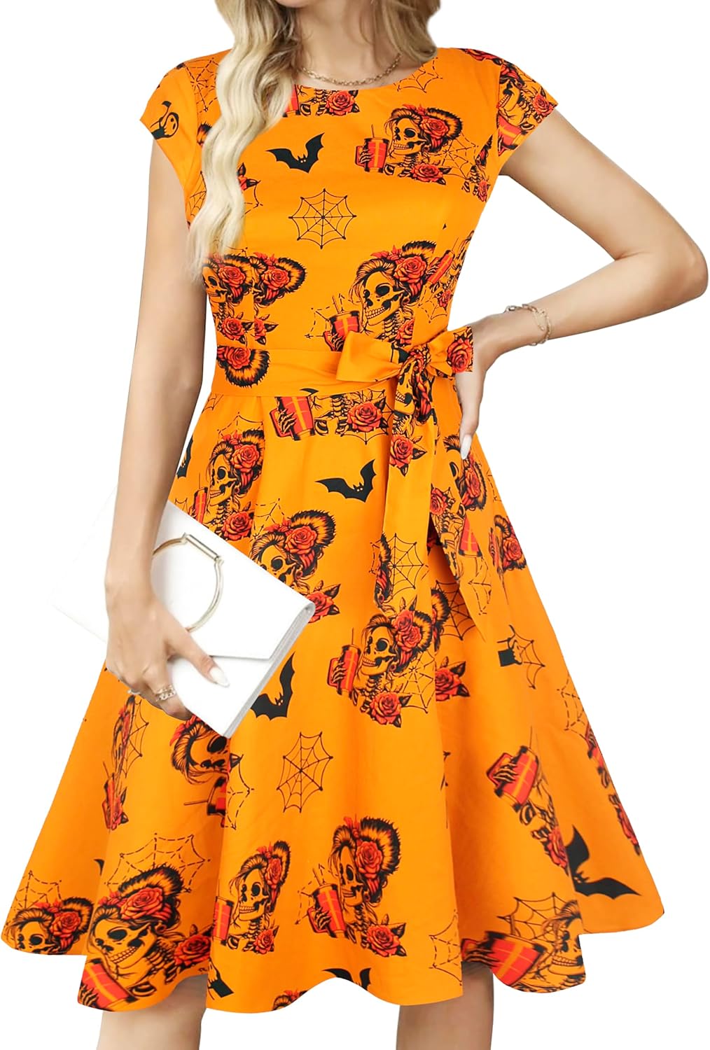 tagunop Women's Cocktail Dresses Vintage 1950s Retro Boatneck Cap Sleeve Dress with Pockets Medium Orange Skull