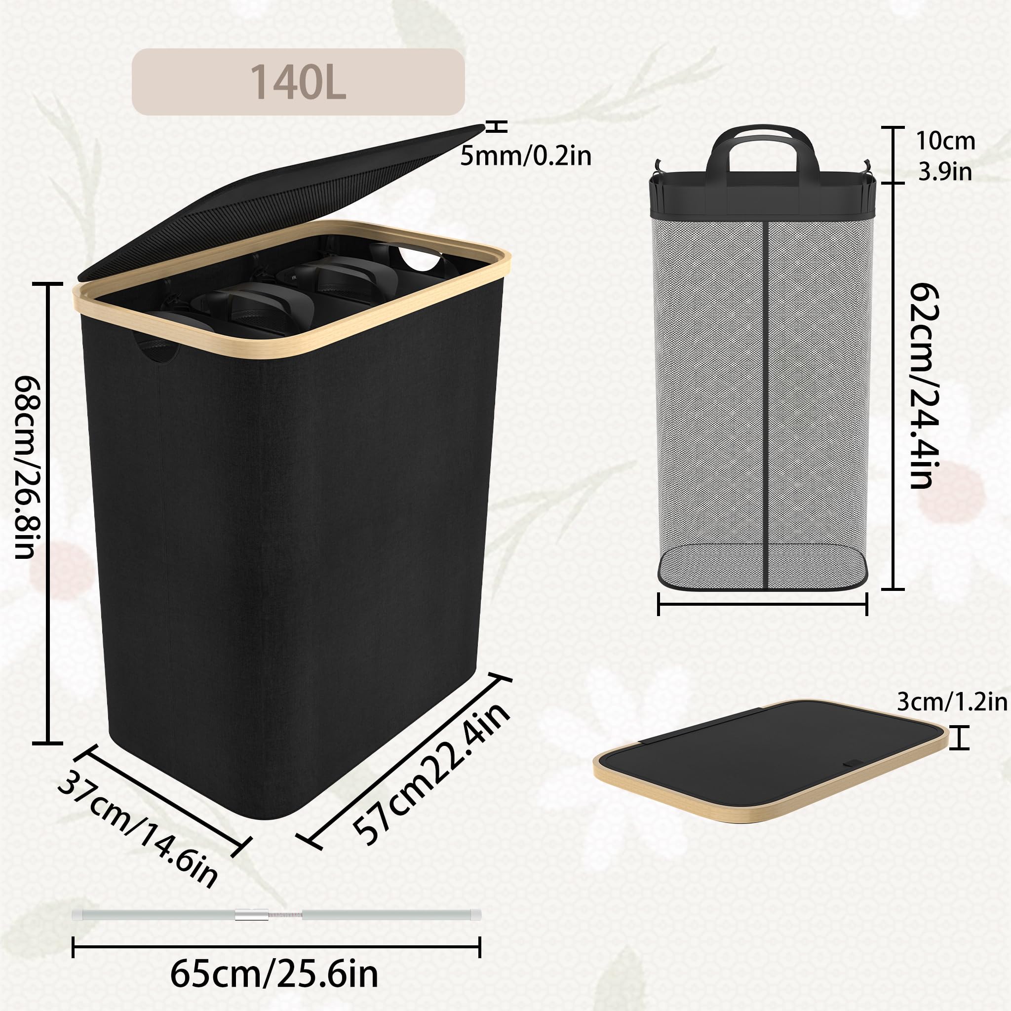 LARS360 Cesto de Ropa con 3 Compartimentos y Tapa, Contenedor Plegable de 140L para Clasificación de Ropa, Caja de Almacenaje (Color Negro)