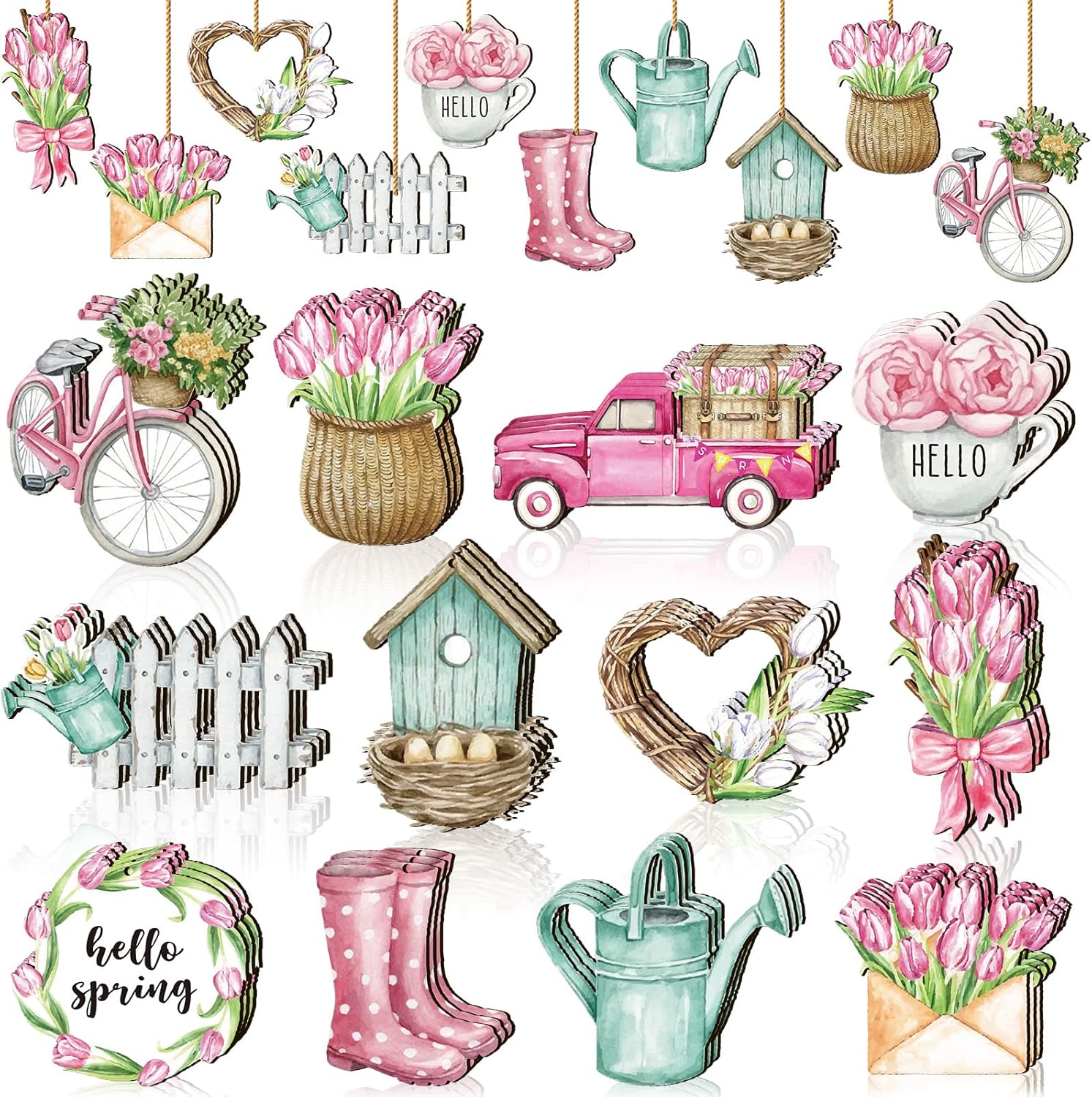 Maitys 36 Pcs Spring Flower Wooden Ornaments Sunflower Tulip Easter Tree Decoration Floral Gnome Hanging Wood Cutout Pastel Spring Decor for Home Small Tree Party(Sweet)
