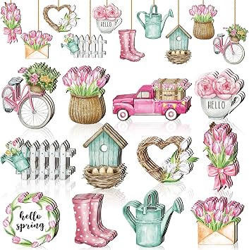 Maitys 36 Pcs Spring Flower Wooden Ornaments Sunflower Tulip Easter Tree Decoration Floral Gnome Hanging Wood Cutout Pastel Spring Decor for Home Small Tree PartySweet